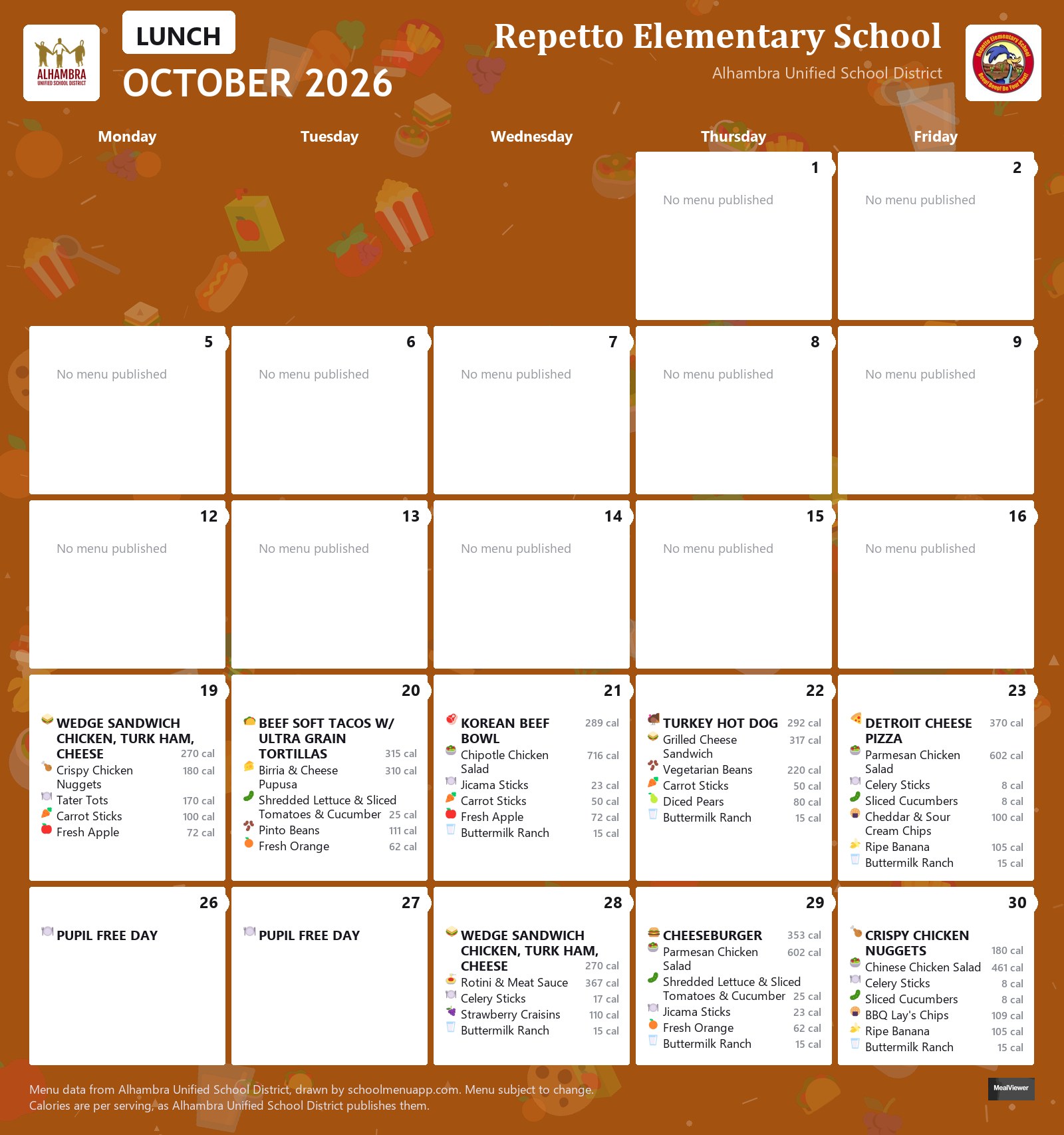 Repetto Elementary School lunch menu for October 2026, Alhambra USD