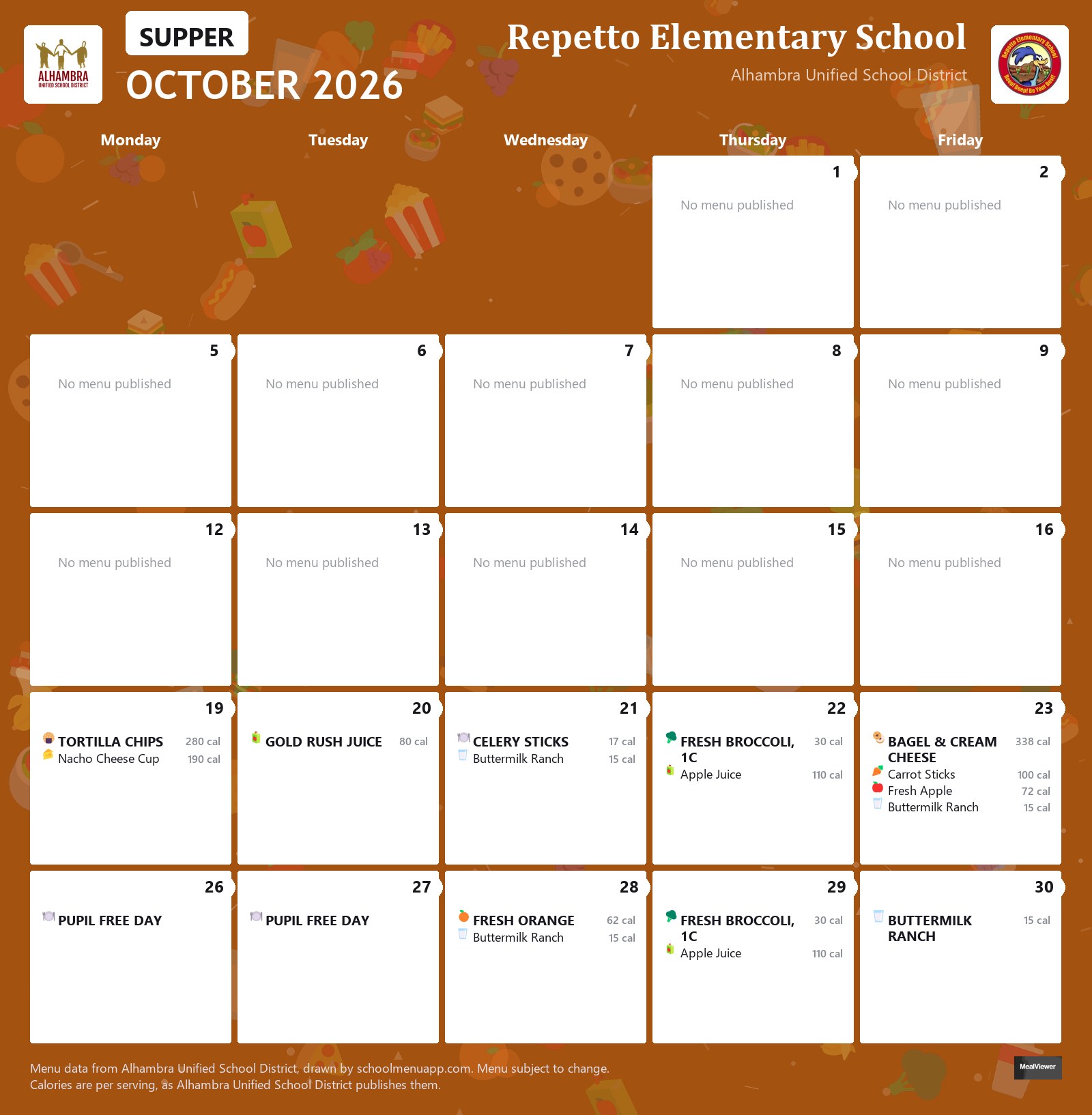Repetto Elementary School supper menu for October 2026, Alhambra USD