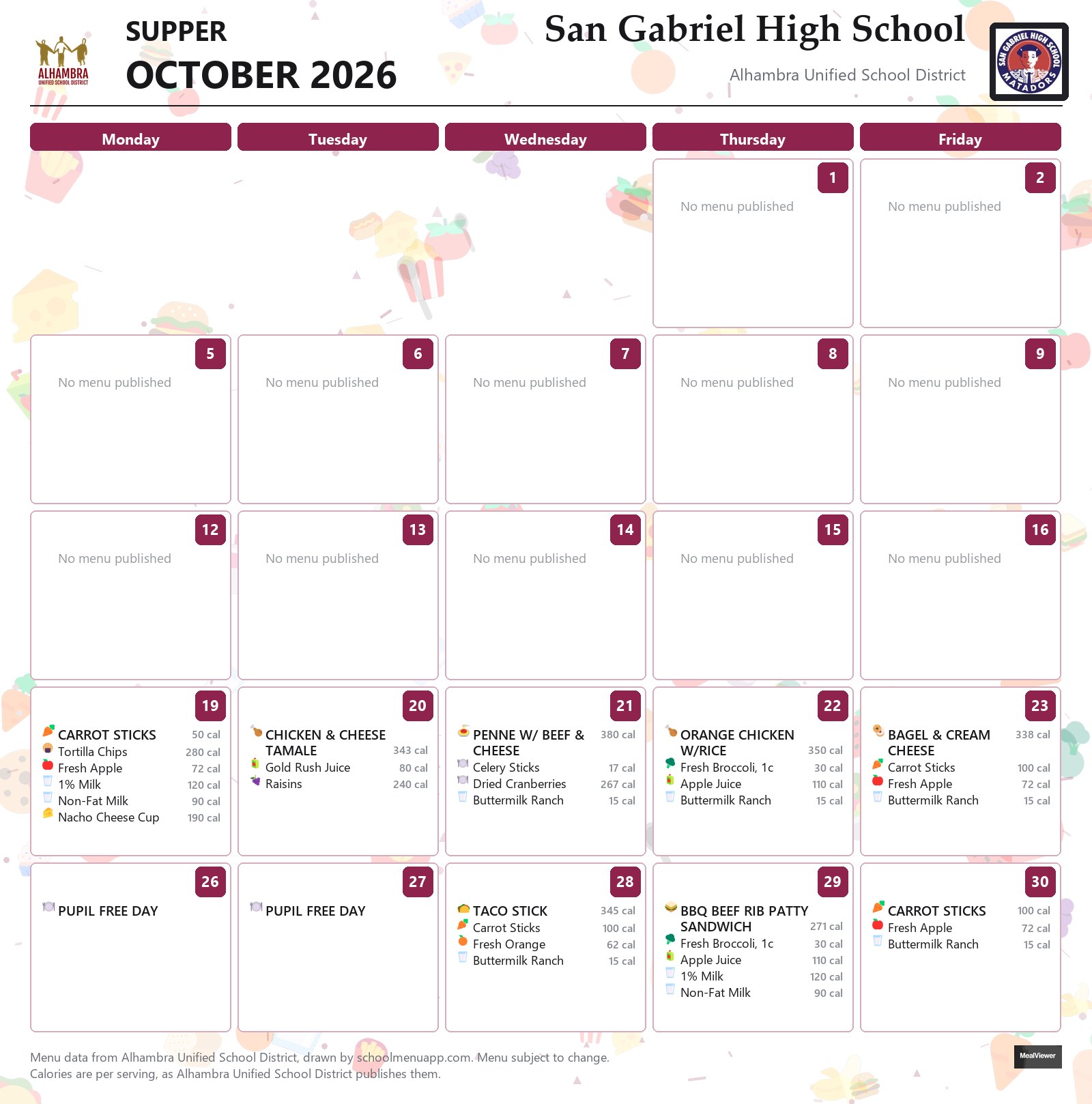 San Gabriel High School supper menu for October 2026, Alhambra USD
