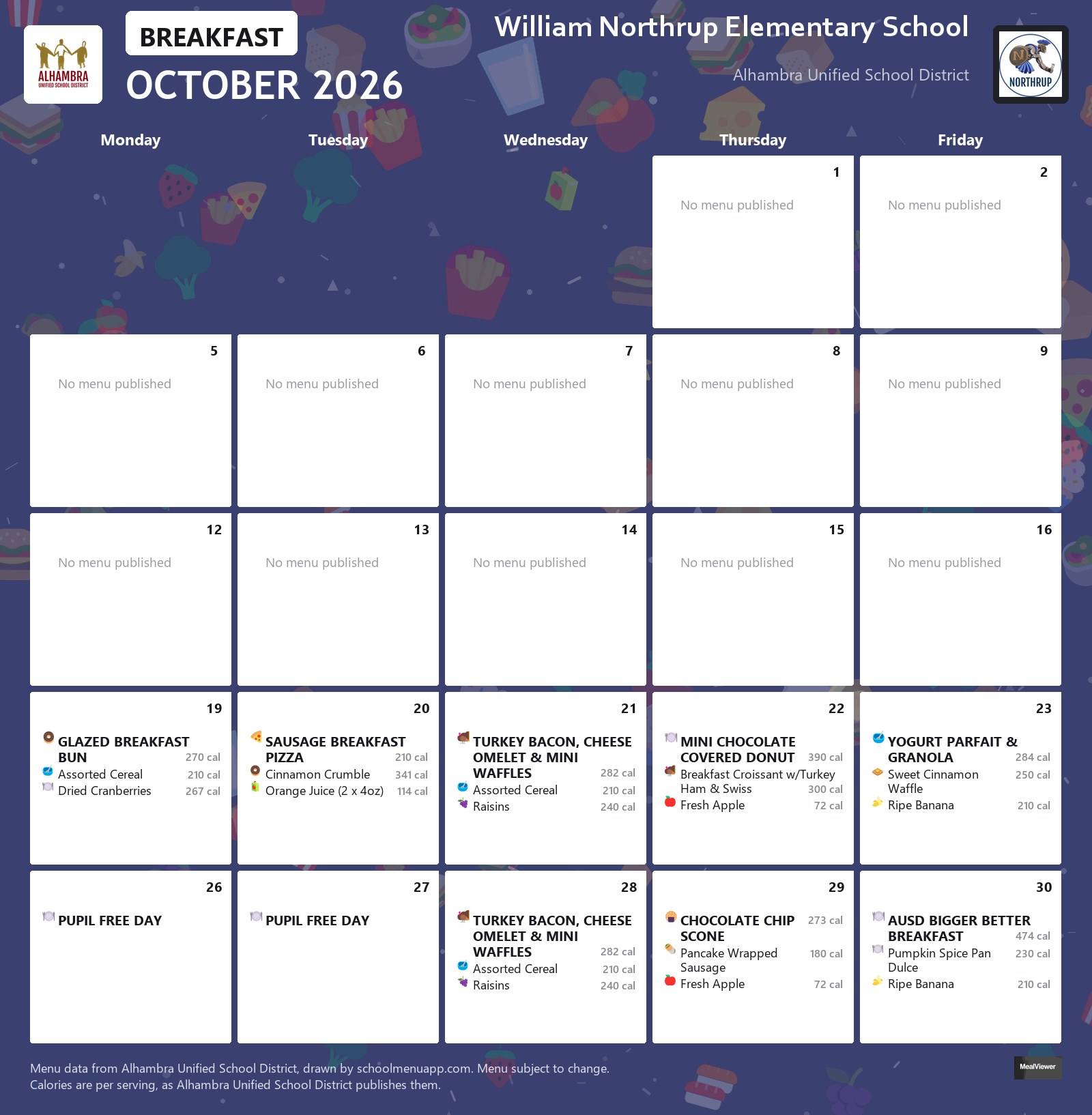 William Northrup Elementary School breakfast menu for October 2026, Alhambra USD
