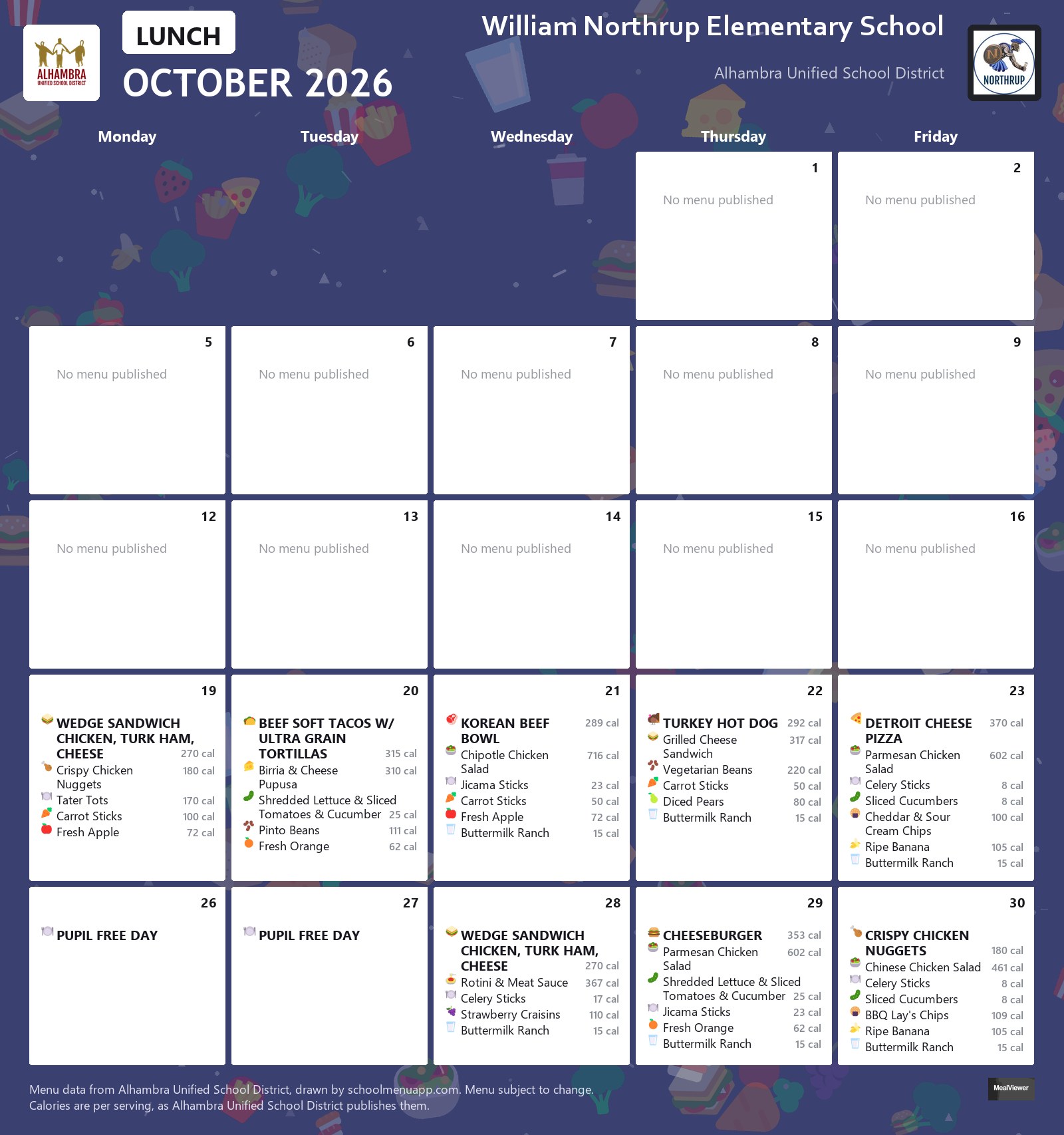 William Northrup Elementary School lunch menu for October 2026, Alhambra USD