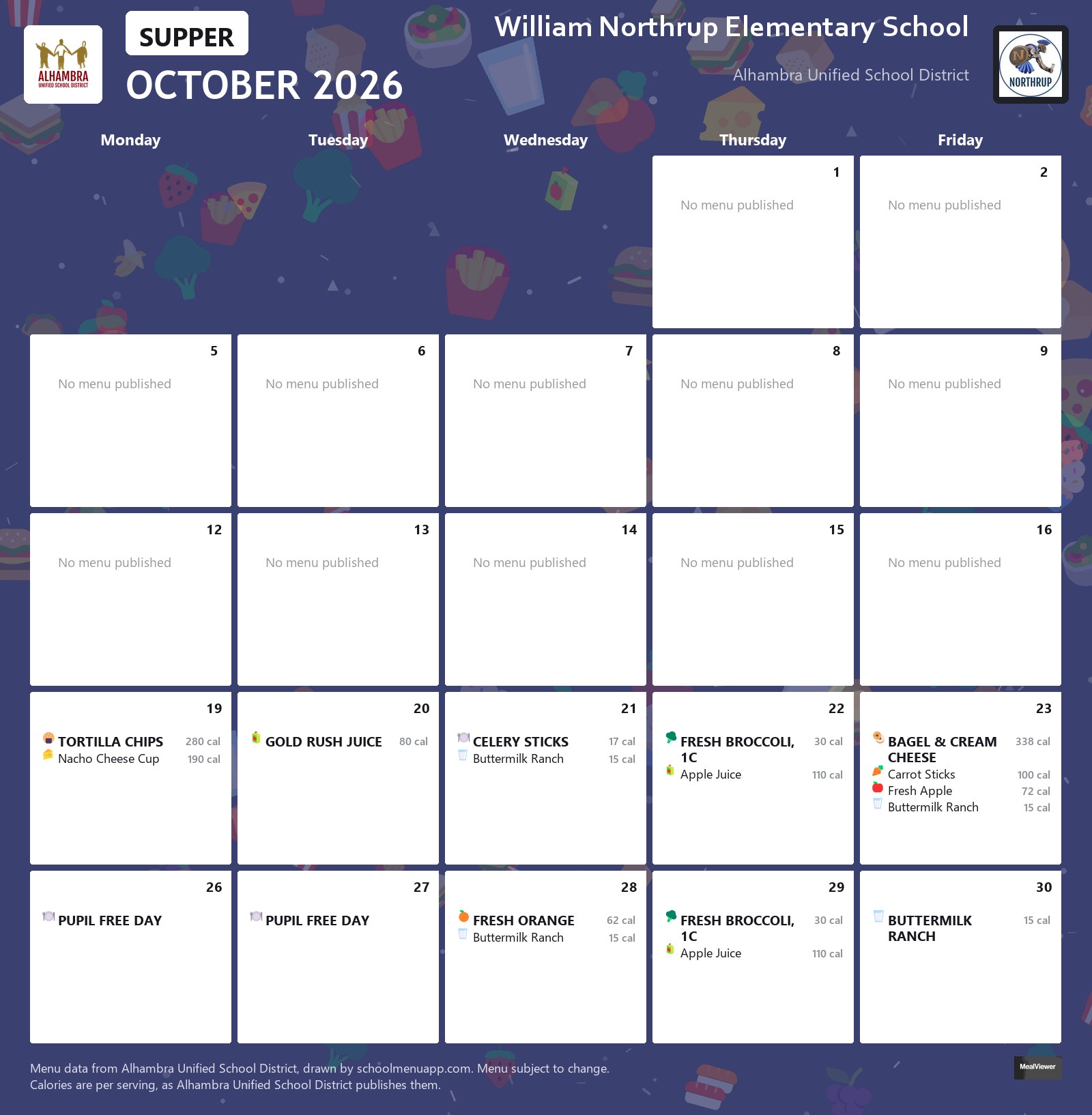 William Northrup Elementary School supper menu for October 2026, Alhambra USD