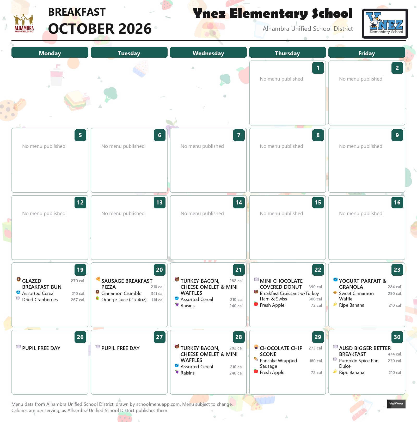 Ynez Elementary School breakfast menu for October 2026, Alhambra USD