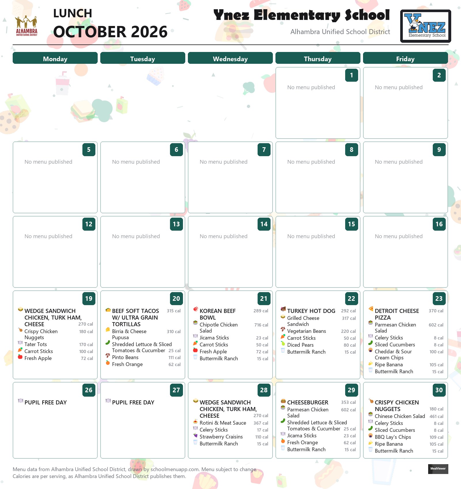 Ynez Elementary School lunch menu for October 2026, Alhambra USD