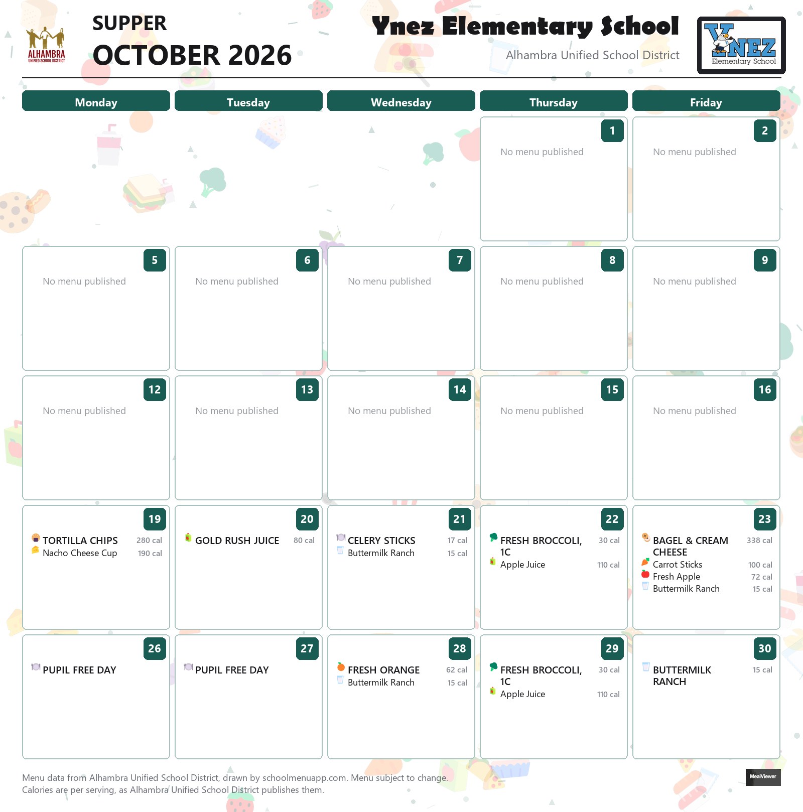 Ynez Elementary School supper menu for October 2026, Alhambra USD