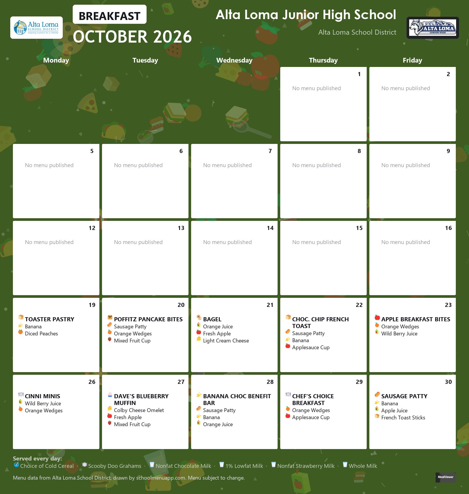 Alta Loma Junior High School breakfast menu for October 2026, Alta Loma School District