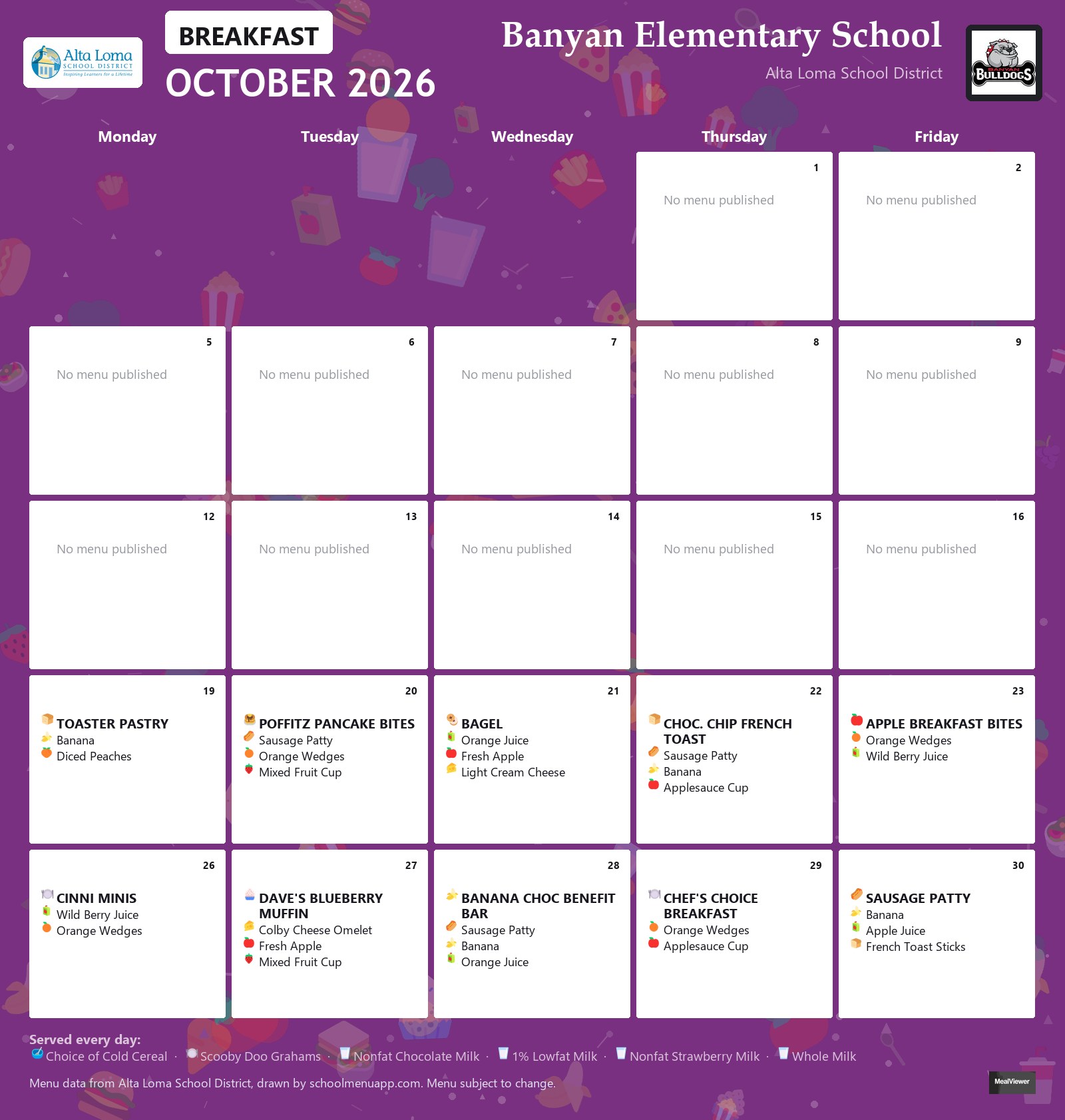 Banyan Elementary School breakfast menu for October 2026, Alta Loma School District