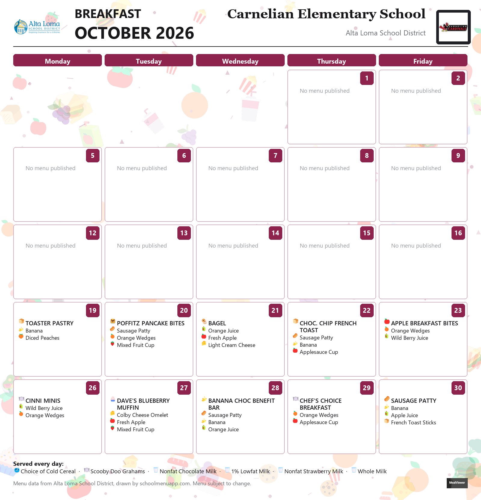 Carnelian Elementary School breakfast menu for October 2026, Alta Loma School District