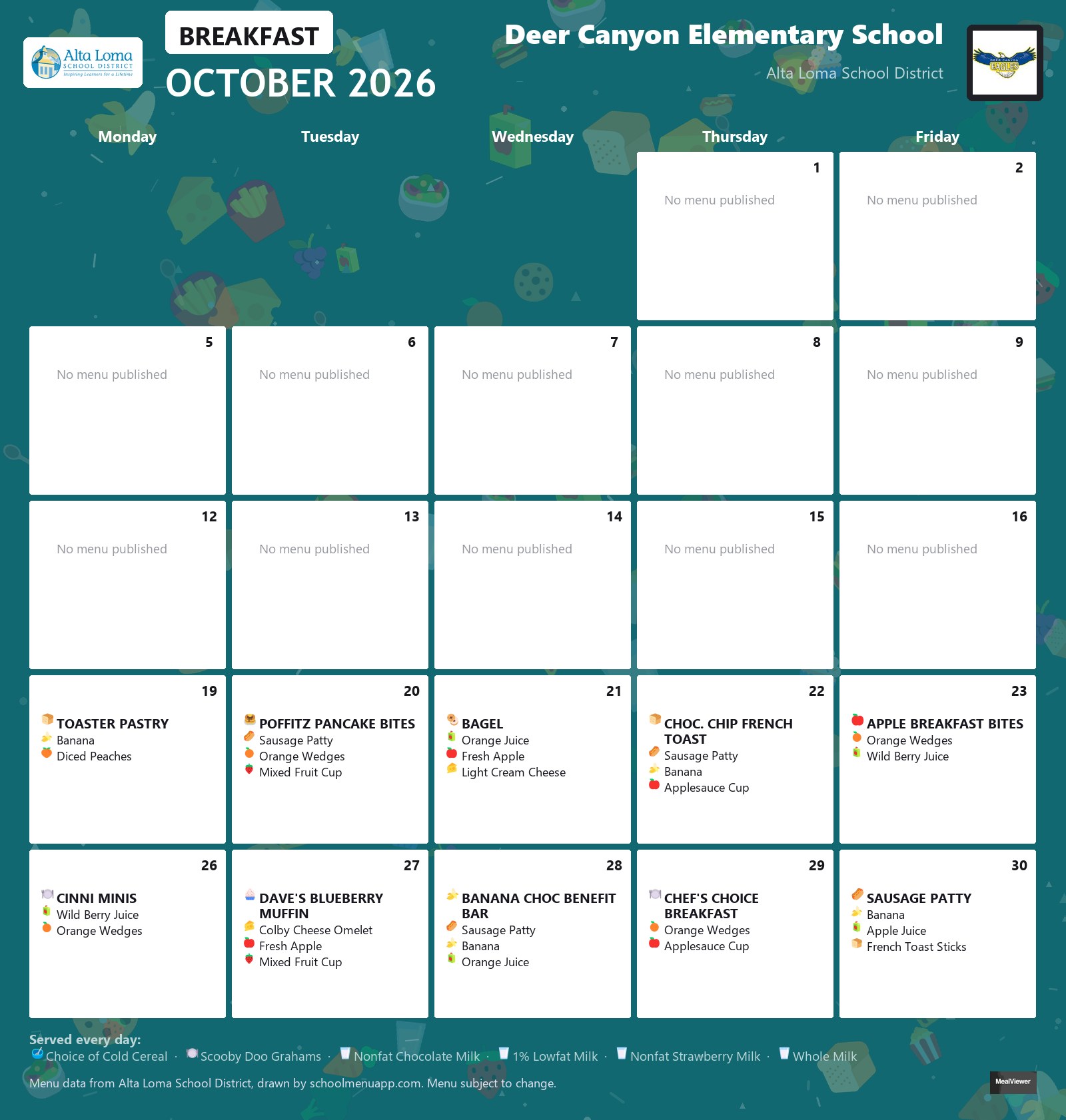 Deer Canyon Elementary School breakfast menu for October 2026, Alta Loma School District