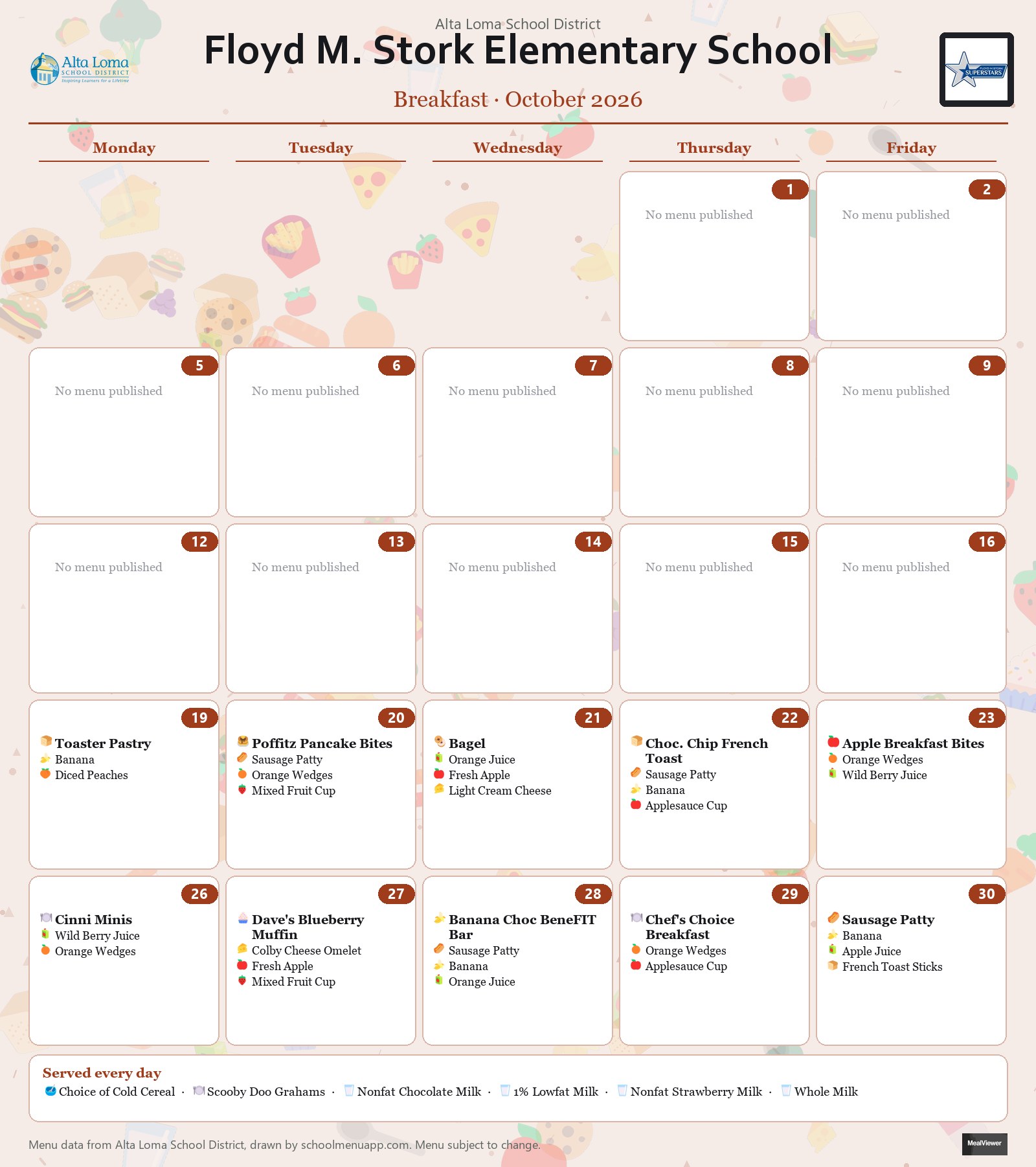 Floyd M. Stork Elementary School breakfast menu for October 2026, Alta Loma School District