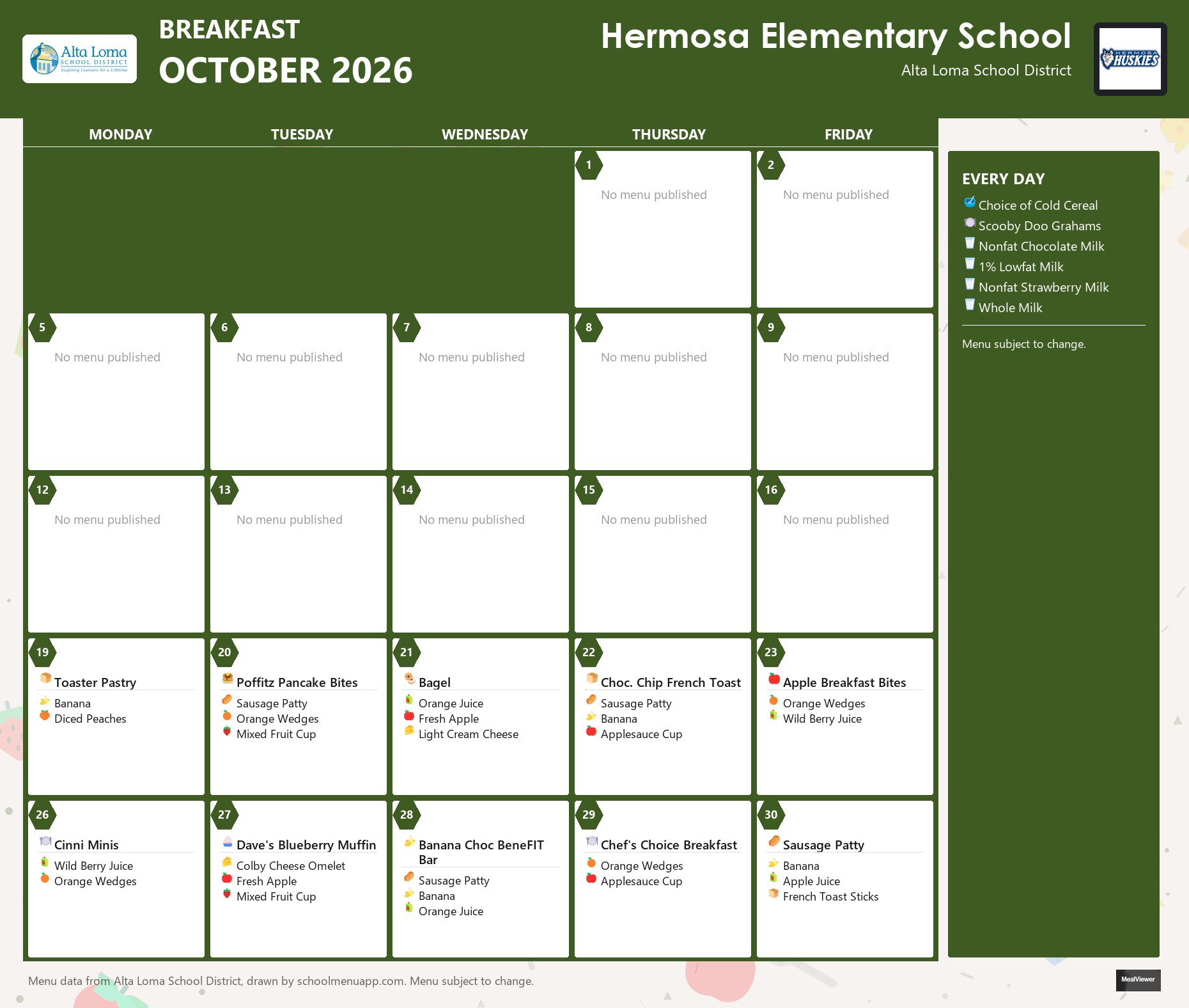 Hermosa Elementary School breakfast menu for October 2026, Alta Loma School District