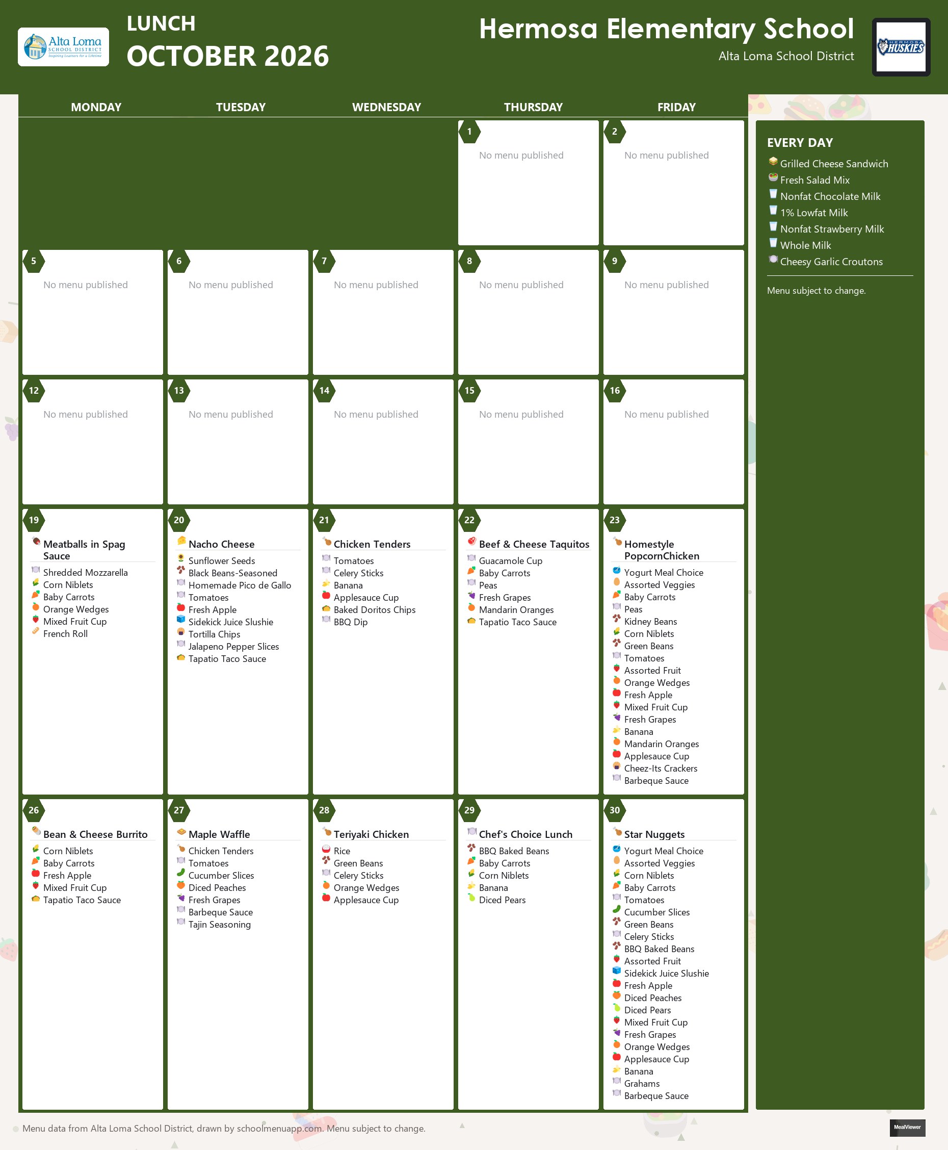 Hermosa Elementary School lunch menu for October 2026, Alta Loma School District