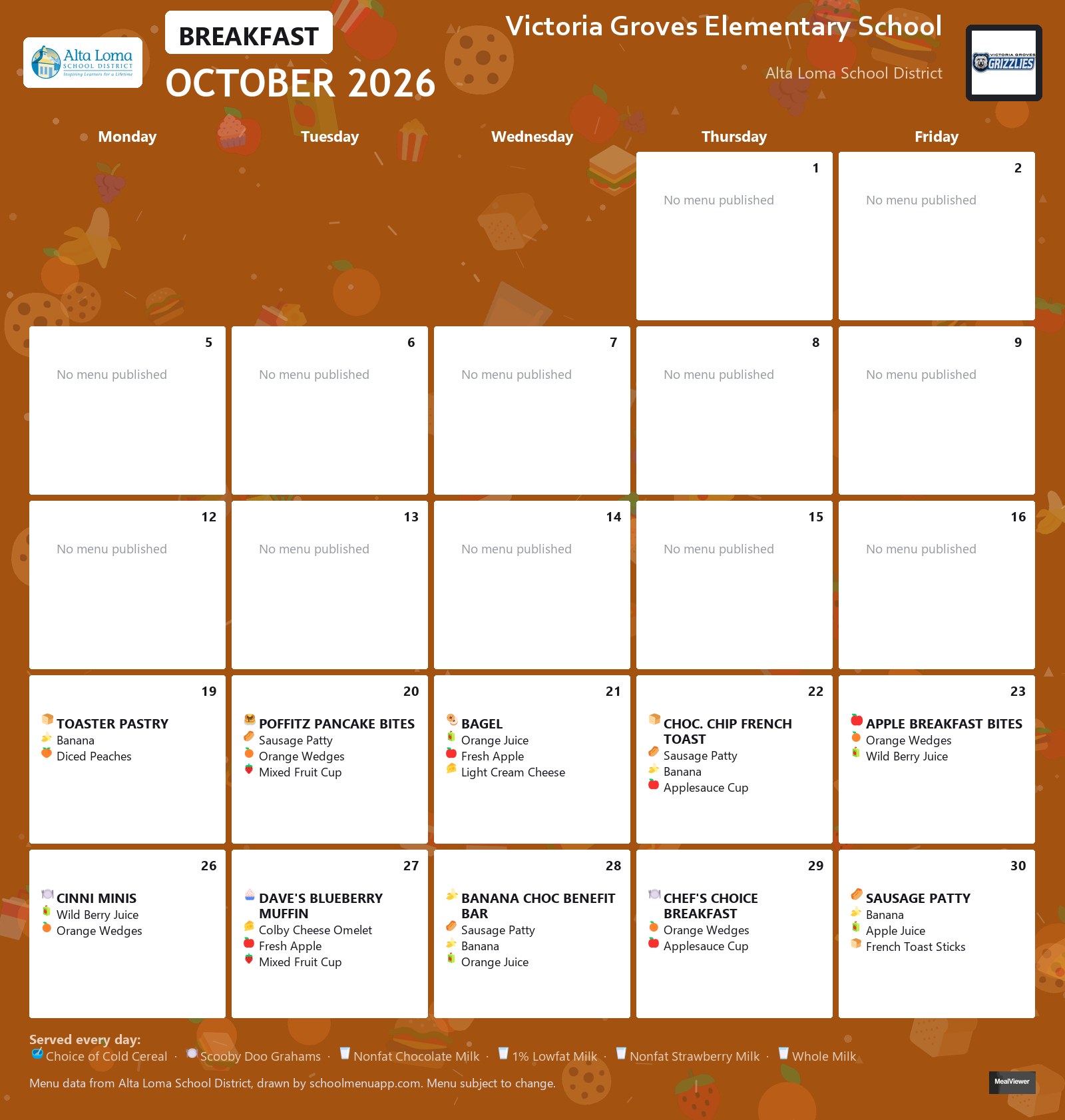 Victoria Groves Elementary School breakfast menu for October 2026, Alta Loma School District