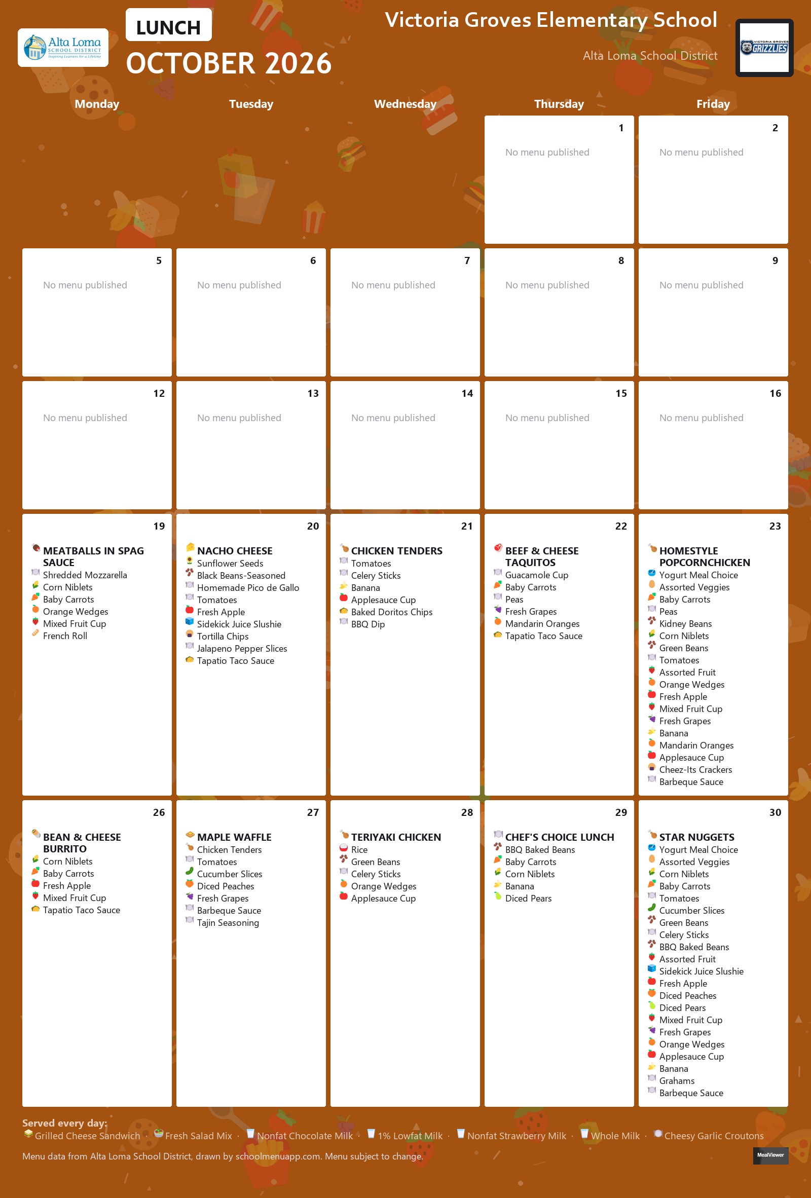 Victoria Groves Elementary School lunch menu for October 2026, Alta Loma School District