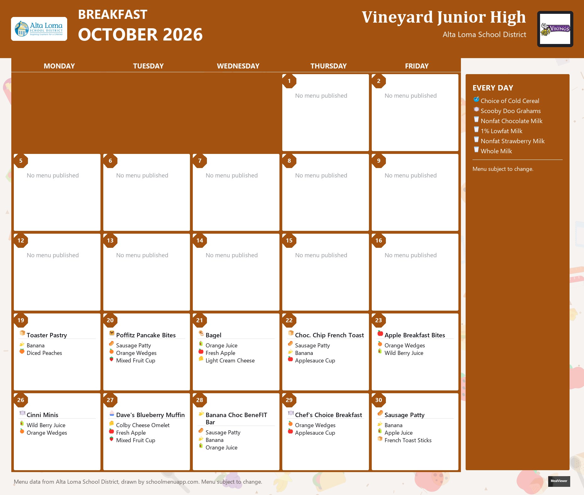 Vineyard Junior High breakfast menu for October 2026, Alta Loma School District