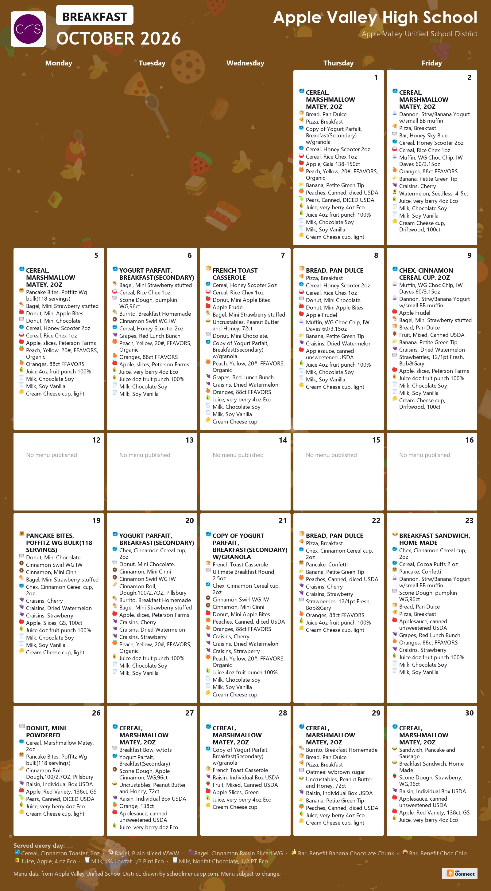Apple Valley High School breakfast menu for October 2026, Apple Valley USD