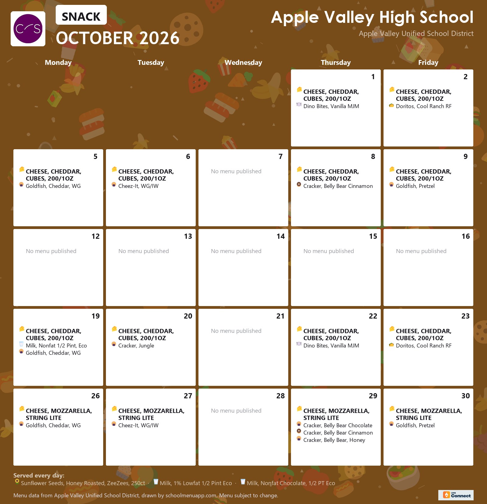 Apple Valley High School snack menu for October 2026, Apple Valley USD