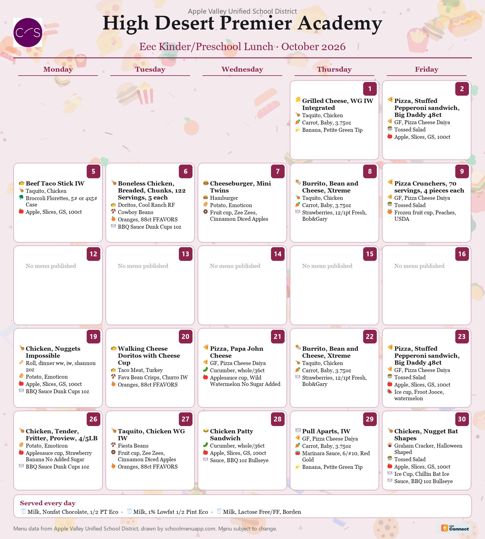 High Desert Premier Academy eec kinder/preschool lunch menu for October 2026, Apple Valley USD