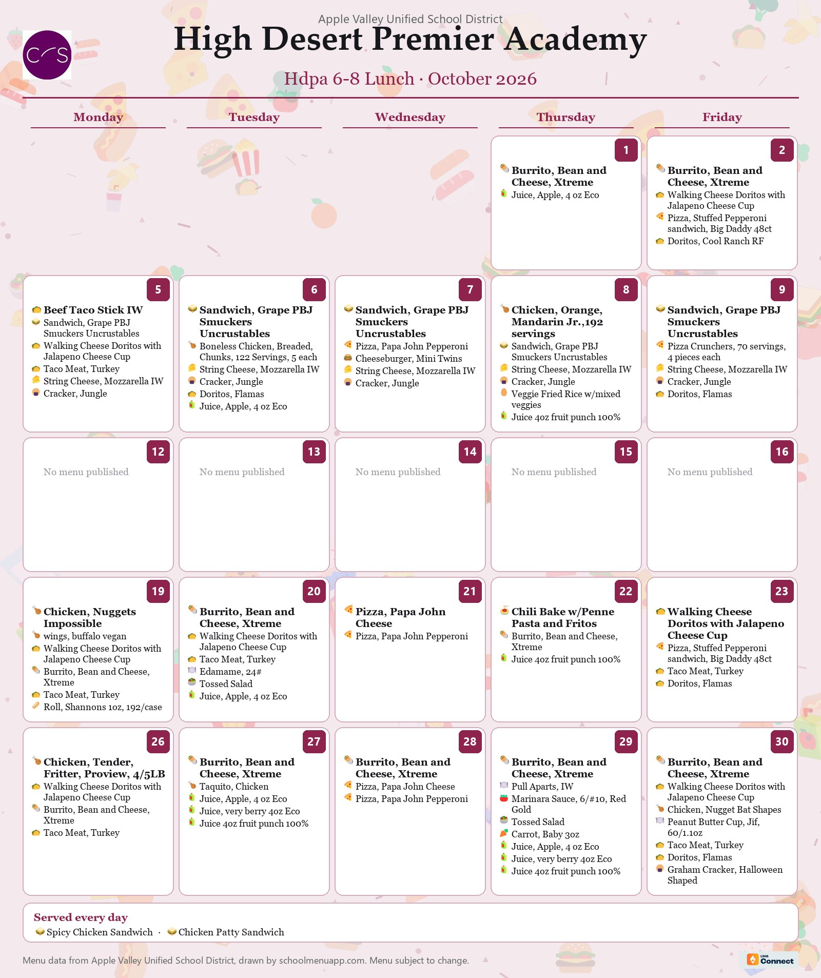 High Desert Premier Academy hdpa 6-8 lunch menu for October 2026, Apple Valley USD