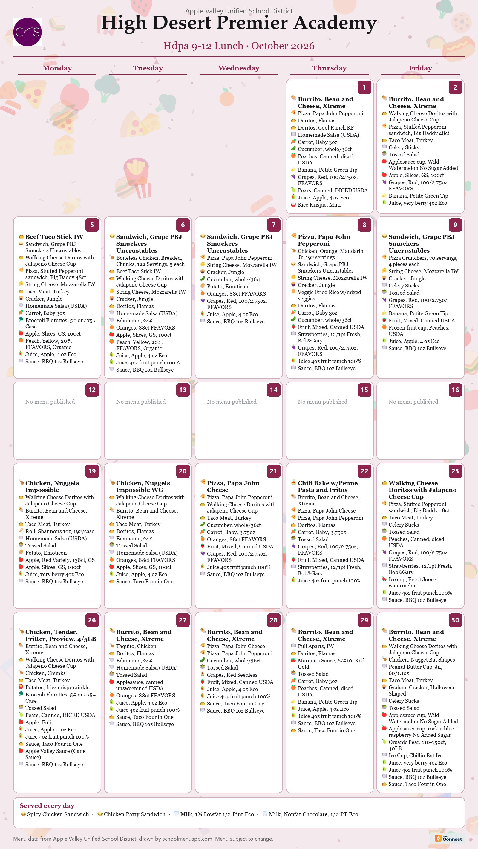 High Desert Premier Academy hdpa 9-12 lunch menu for October 2026, Apple Valley USD