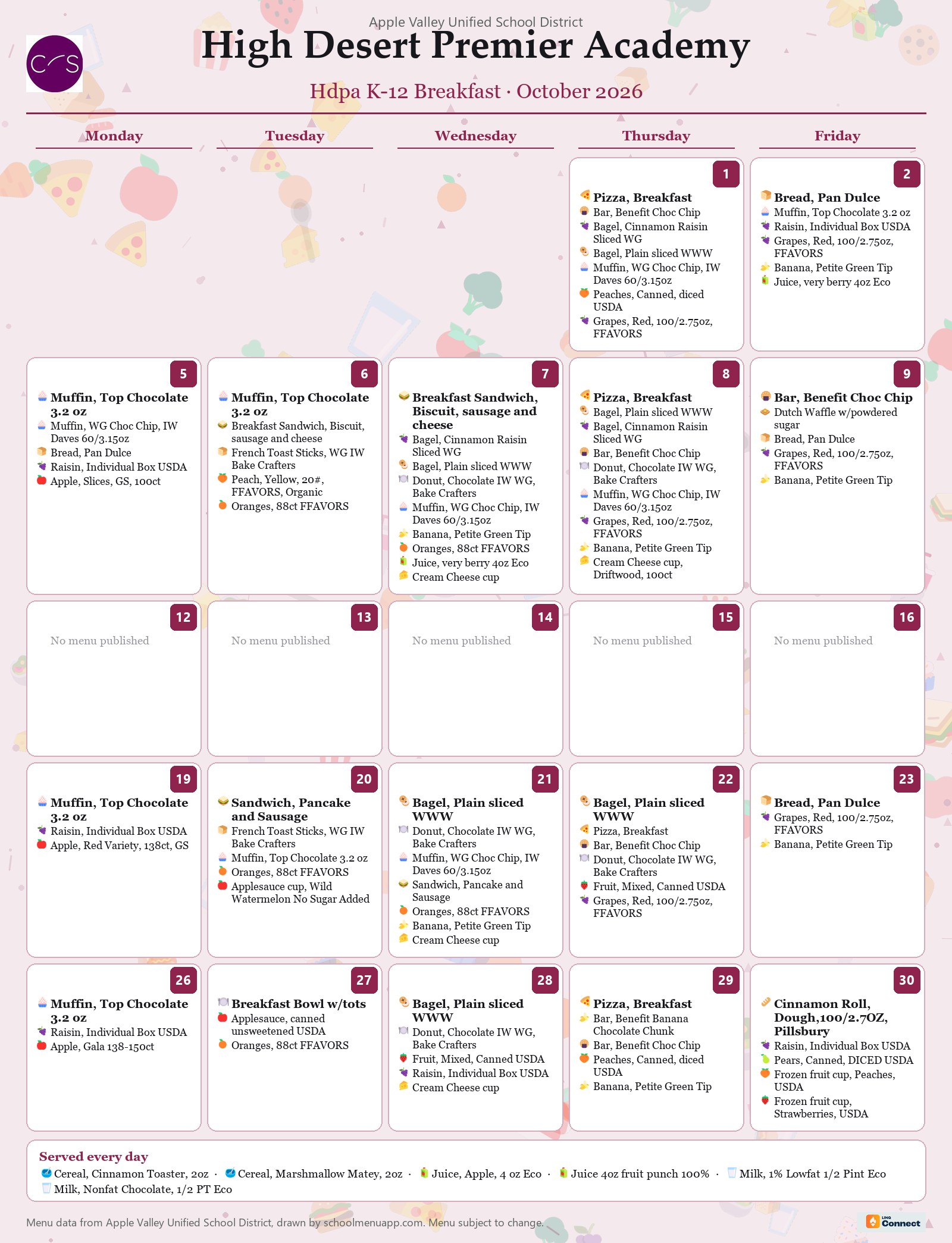 High Desert Premier Academy hdpa k-12 breakfast menu for October 2026, Apple Valley USD
