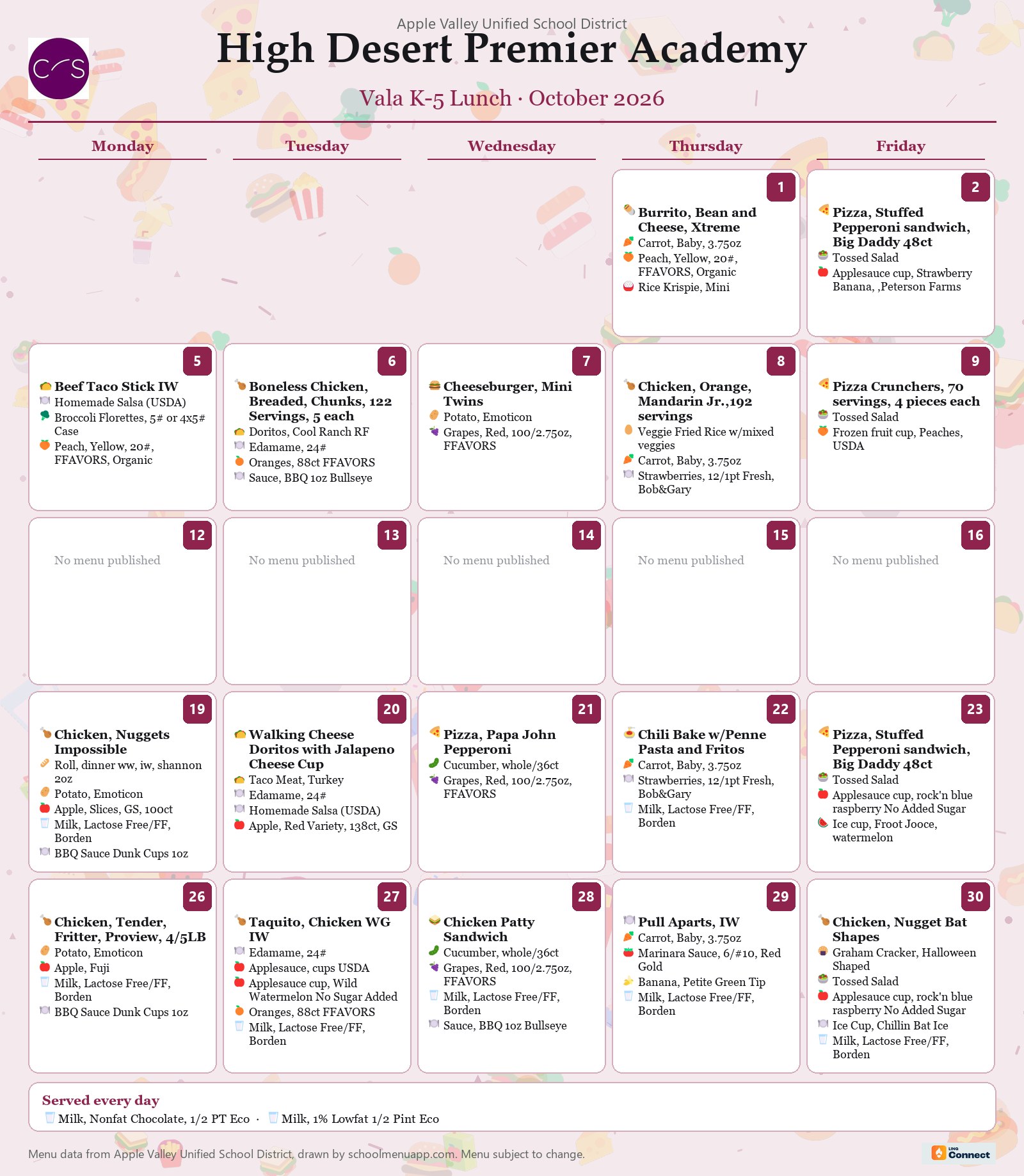 High Desert Premier Academy vala k-5 lunch menu for October 2026, Apple Valley USD