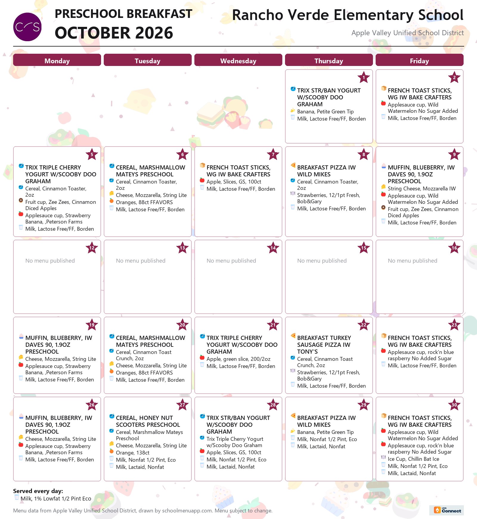 Rancho Verde Elementary School preschool breakfast menu for October 2026, Apple Valley USD
