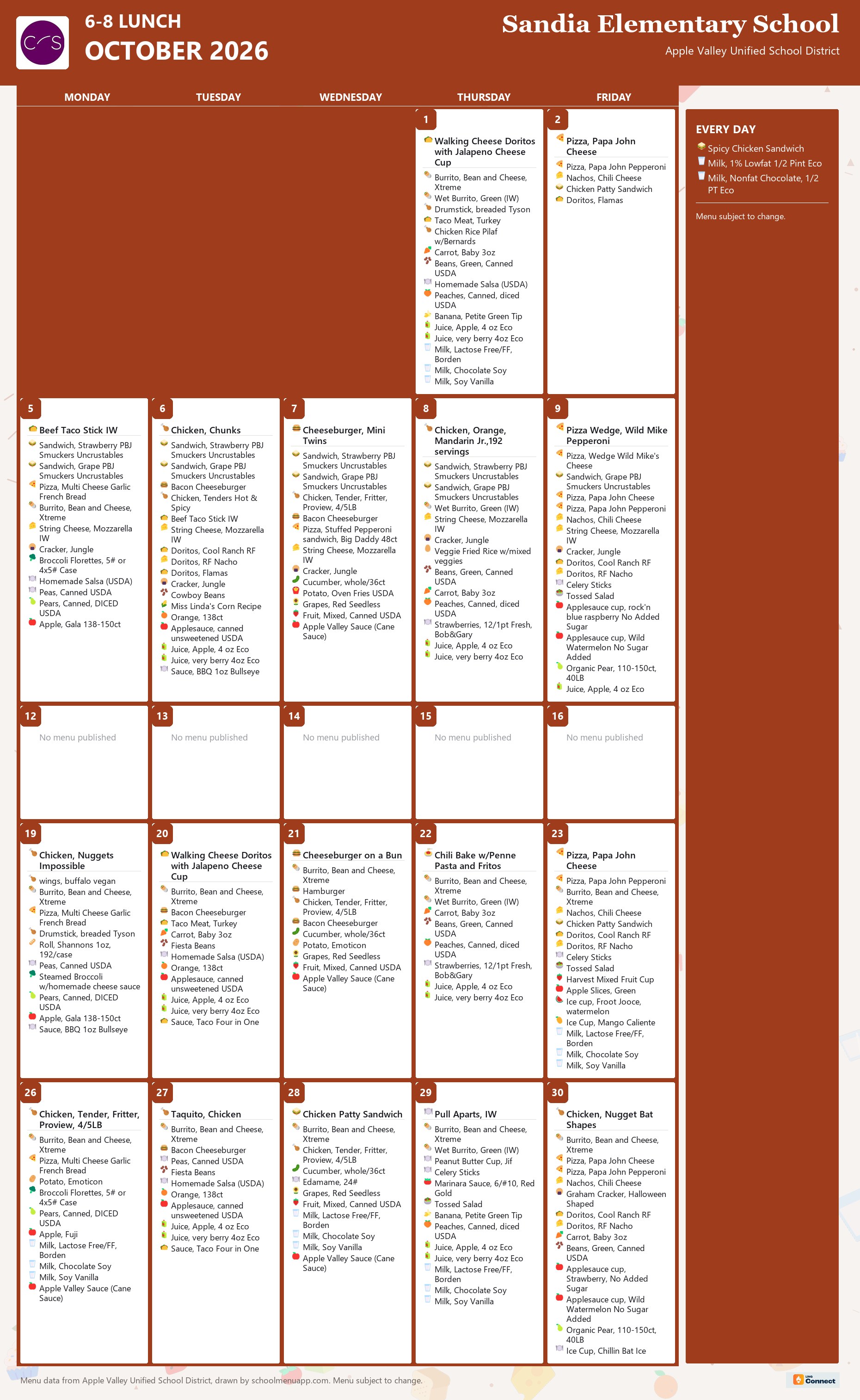 Sandia Elementary School 6-8 lunch menu for October 2026, Apple Valley USD