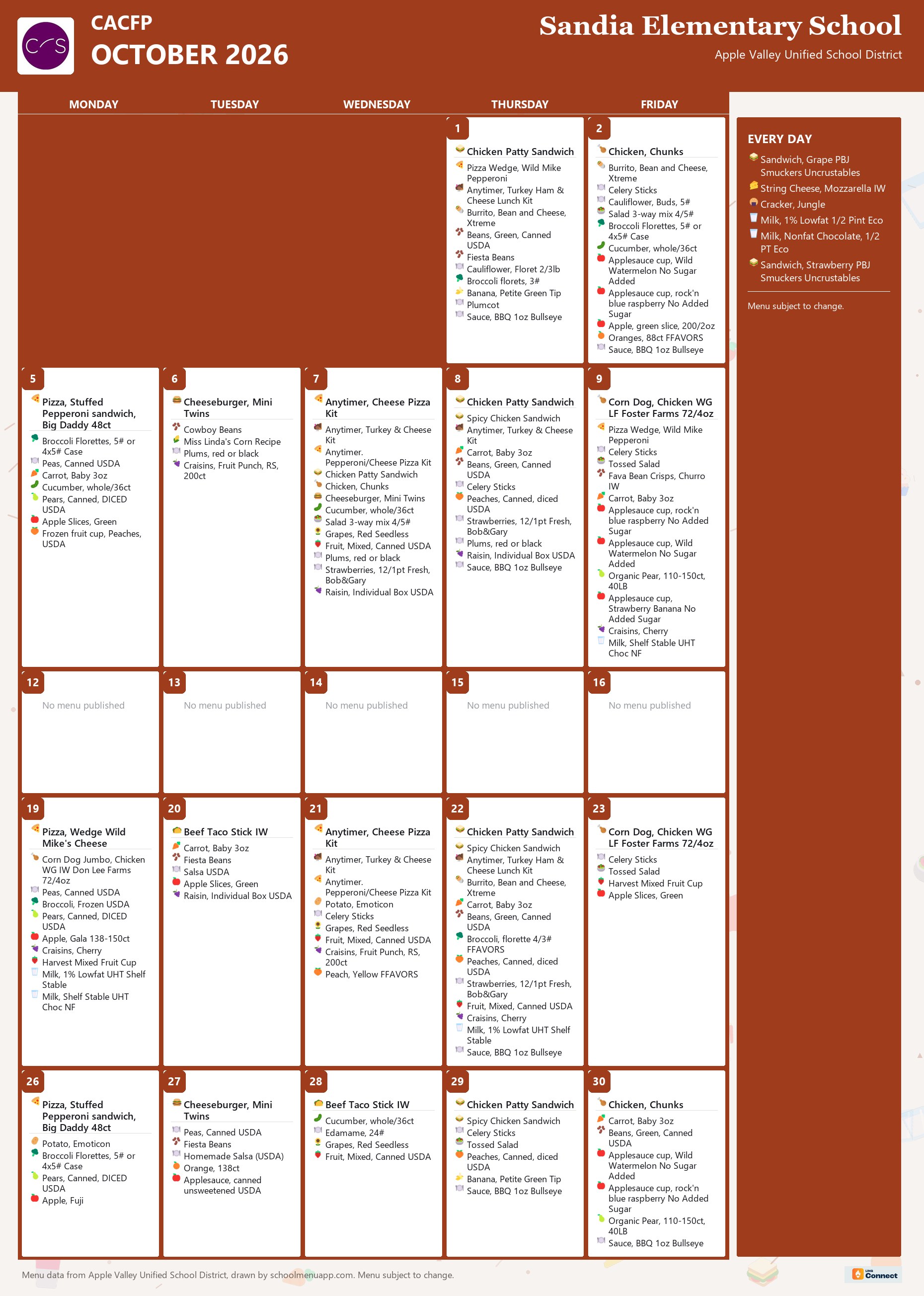 Sandia Elementary School cacfp menu for October 2026, Apple Valley USD