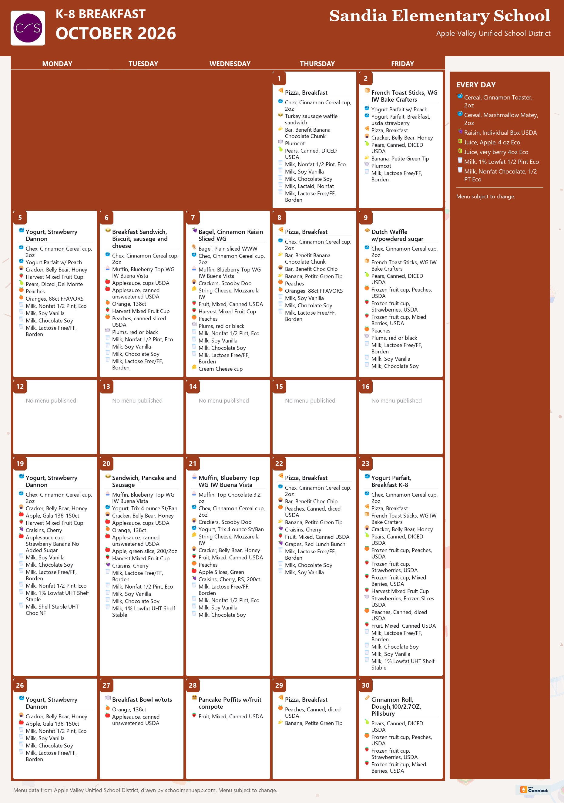 Sandia Elementary School k-8 breakfast menu for October 2026, Apple Valley USD