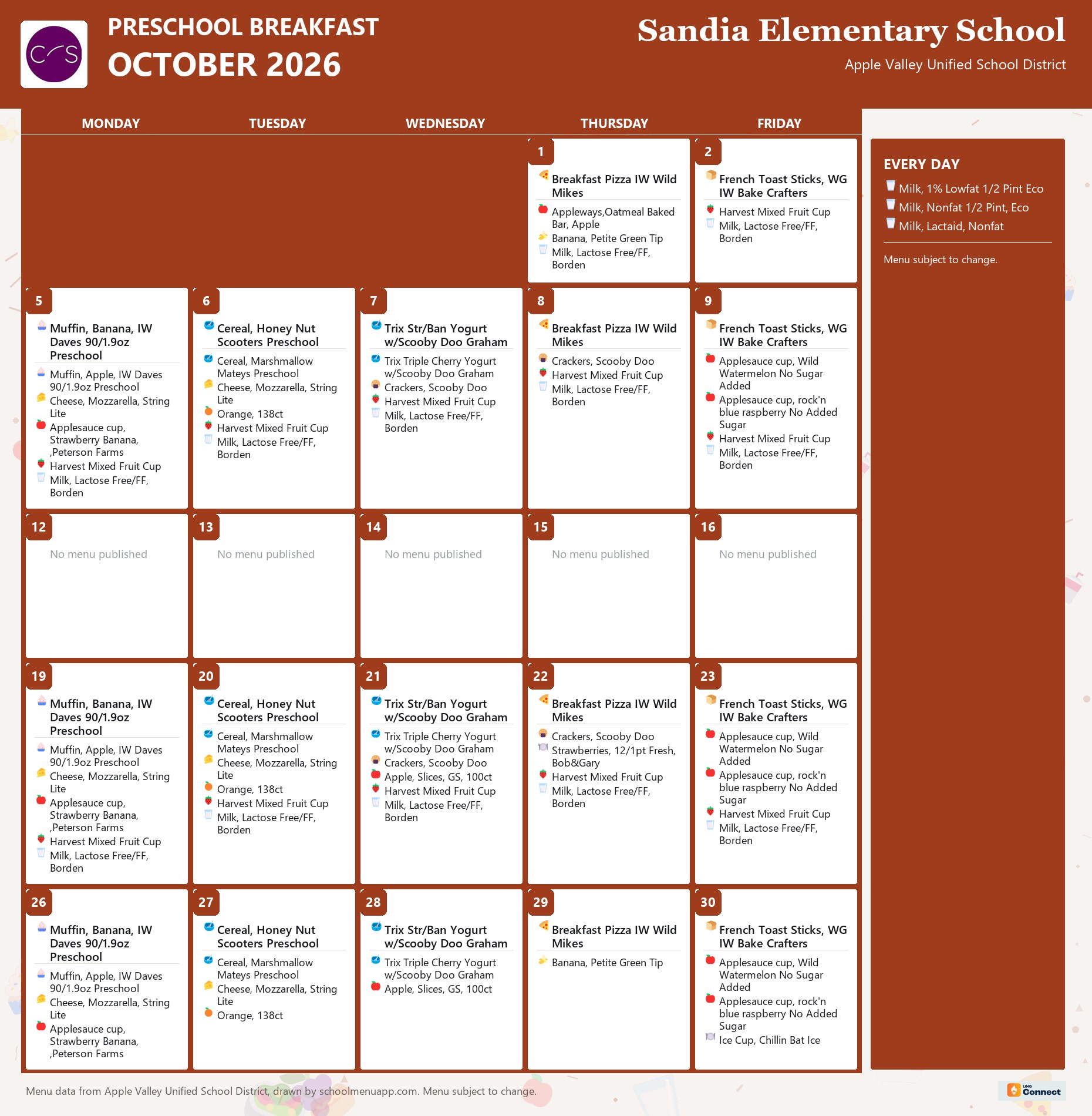 Sandia Elementary School preschool breakfast menu for October 2026, Apple Valley USD