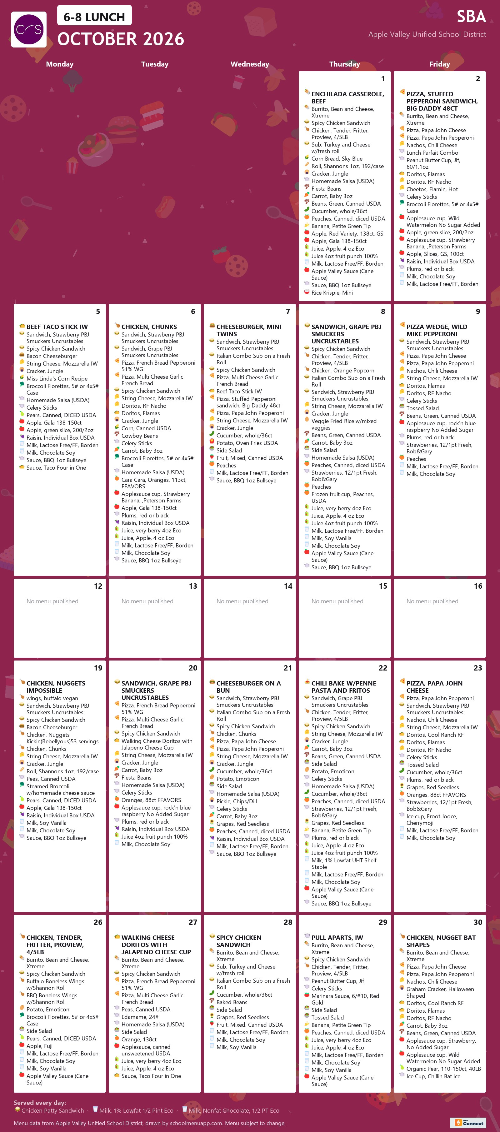 SBA 6-8 lunch menu for October 2026, Apple Valley USD