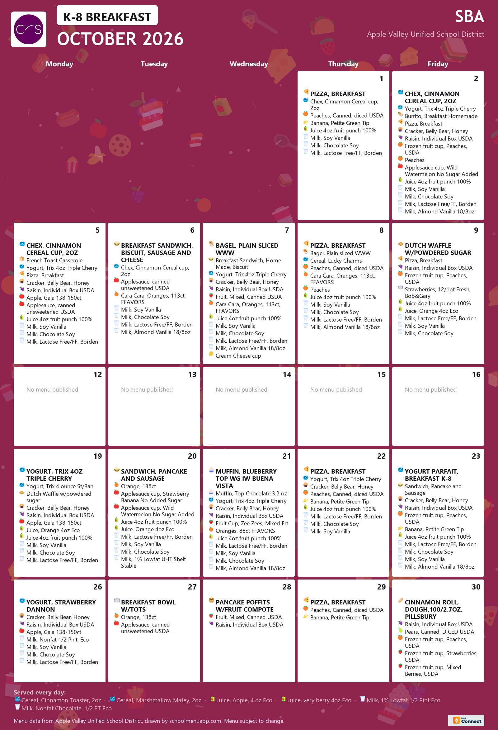 SBA k-8 breakfast menu for October 2026, Apple Valley USD