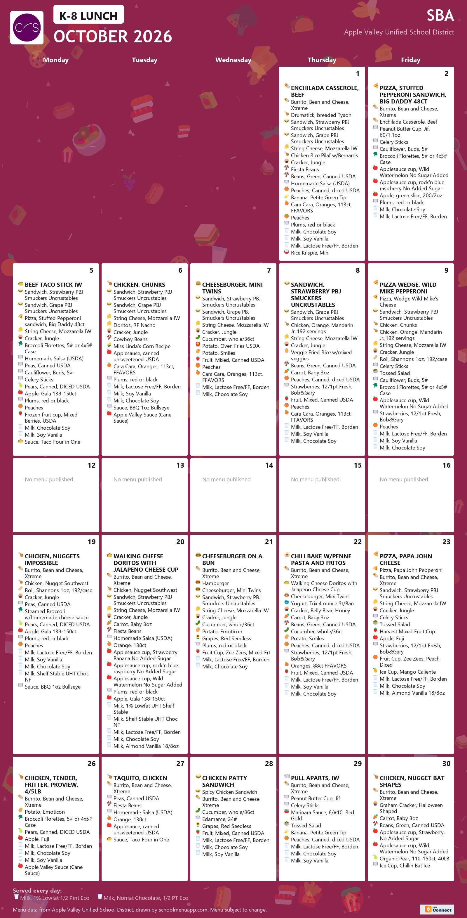 SBA k-8 lunch menu for October 2026, Apple Valley USD