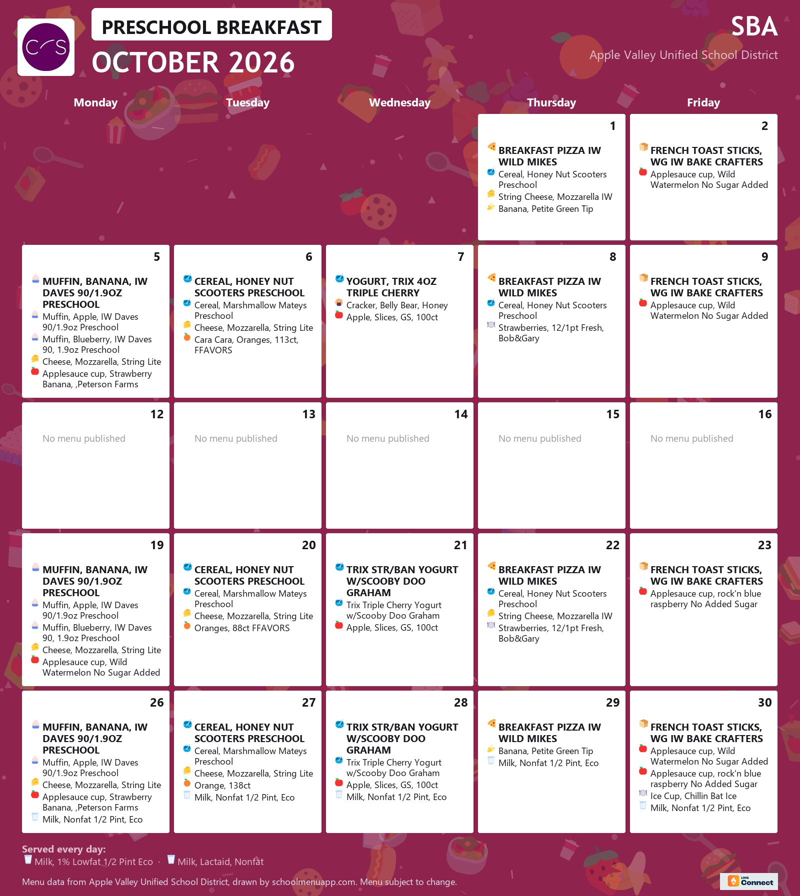 SBA preschool breakfast menu for October 2026, Apple Valley USD