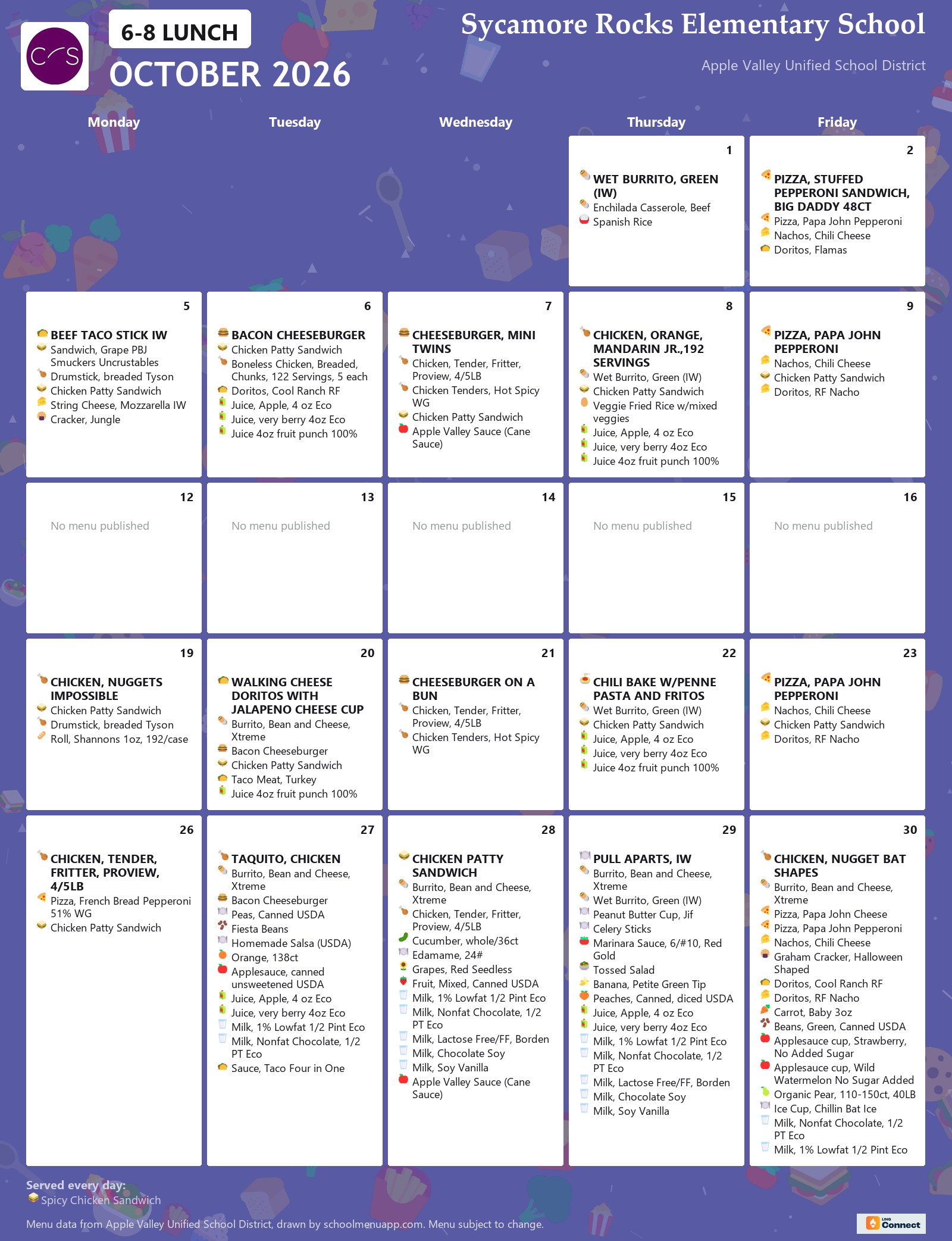 Sycamore Rocks Elementary School 6-8 lunch menu for October 2026, Apple Valley USD