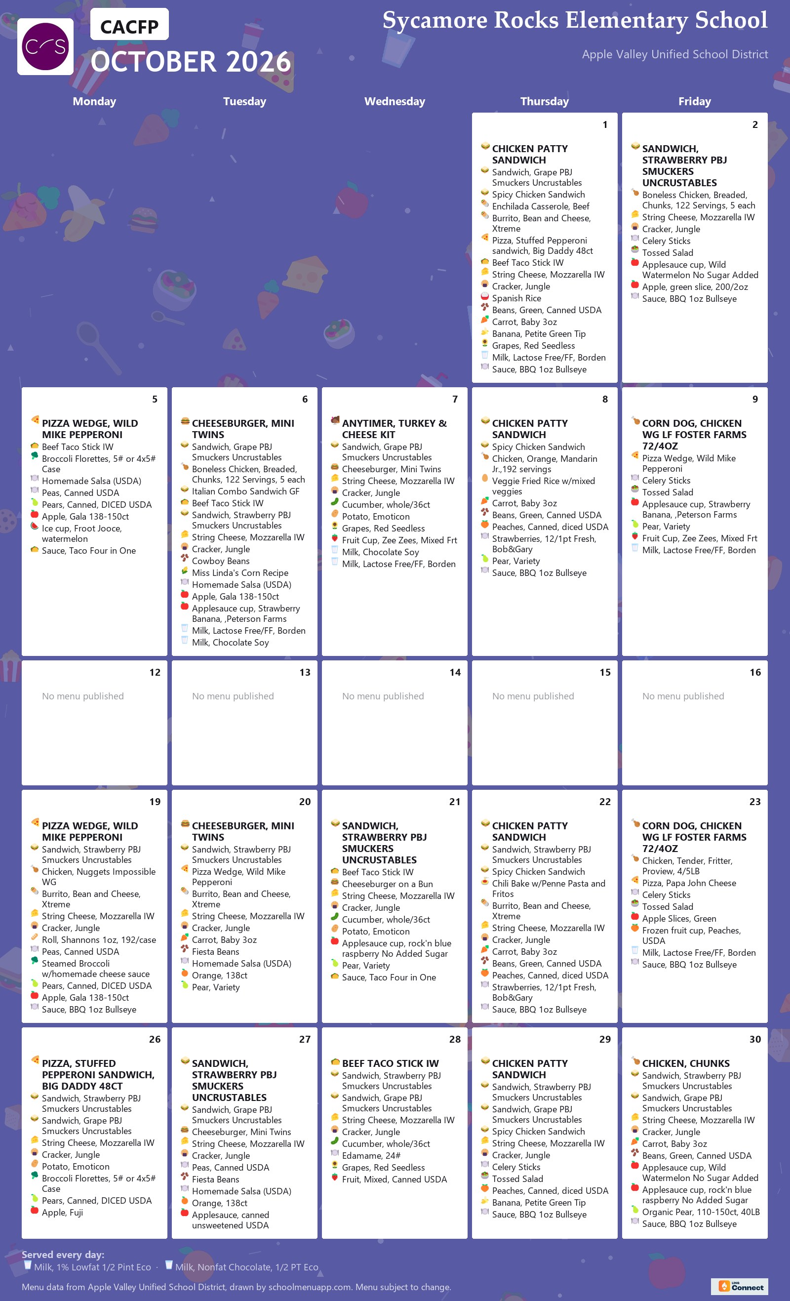Sycamore Rocks Elementary School cacfp menu for October 2026, Apple Valley USD