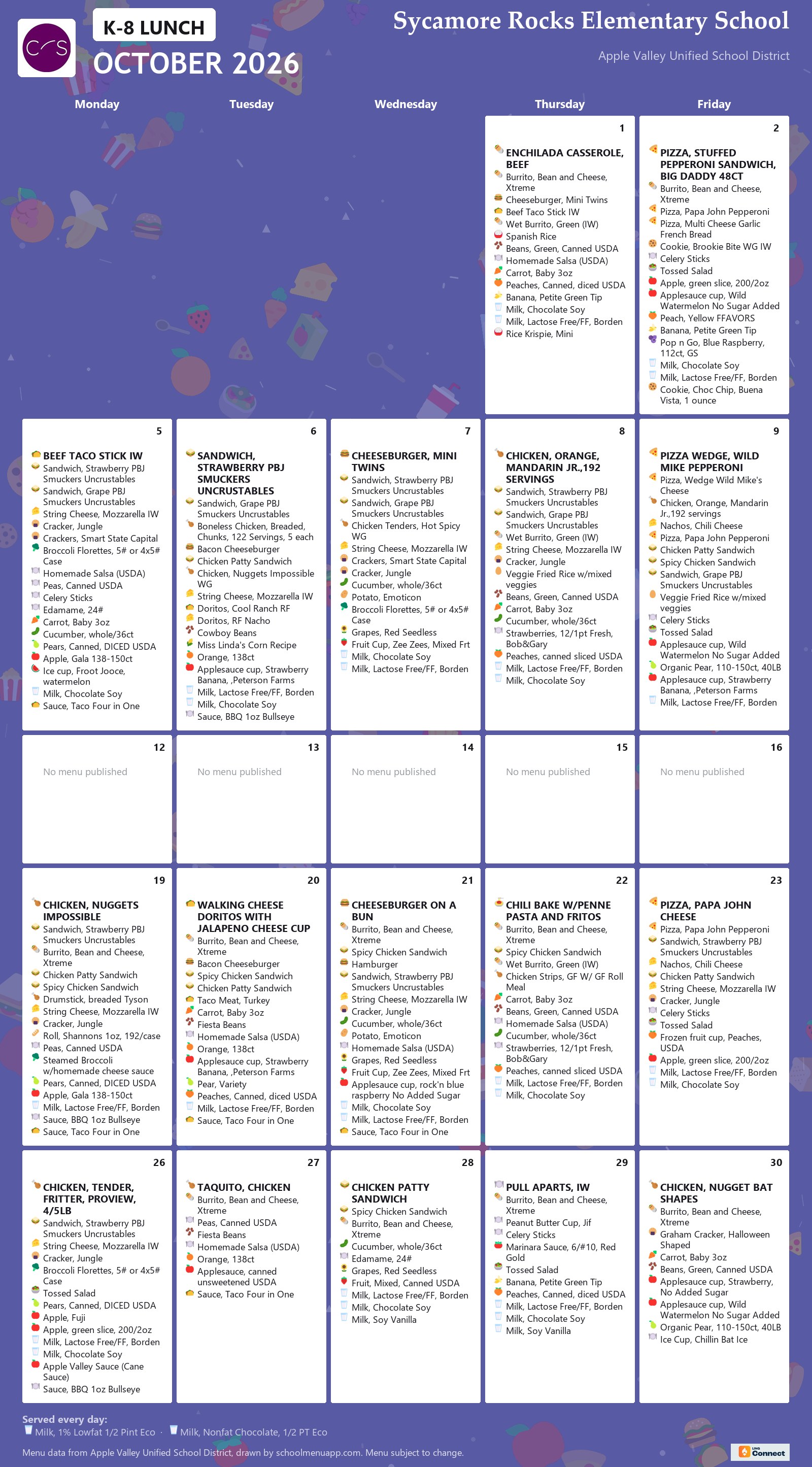 Sycamore Rocks Elementary School k-8 lunch menu for October 2026, Apple Valley USD