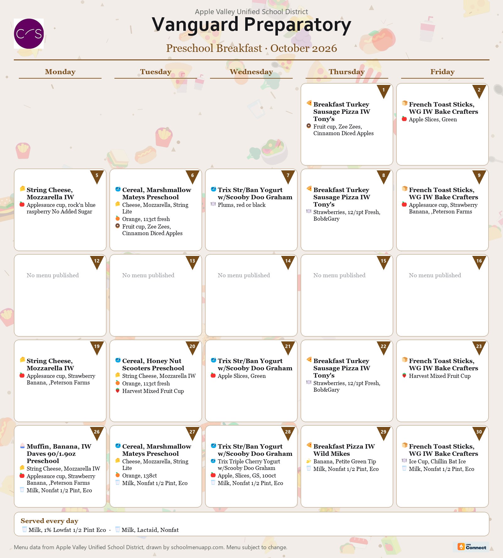 Vanguard Preparatory preschool breakfast menu for October 2026, Apple Valley USD