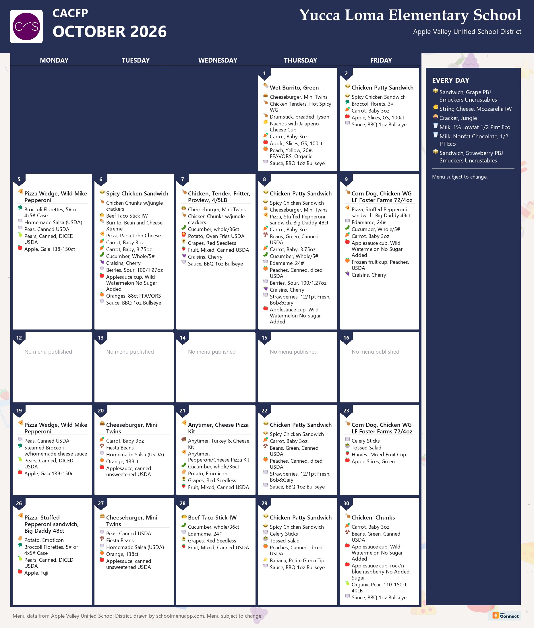 Yucca Loma Elementary School cacfp menu for October 2026, Apple Valley USD