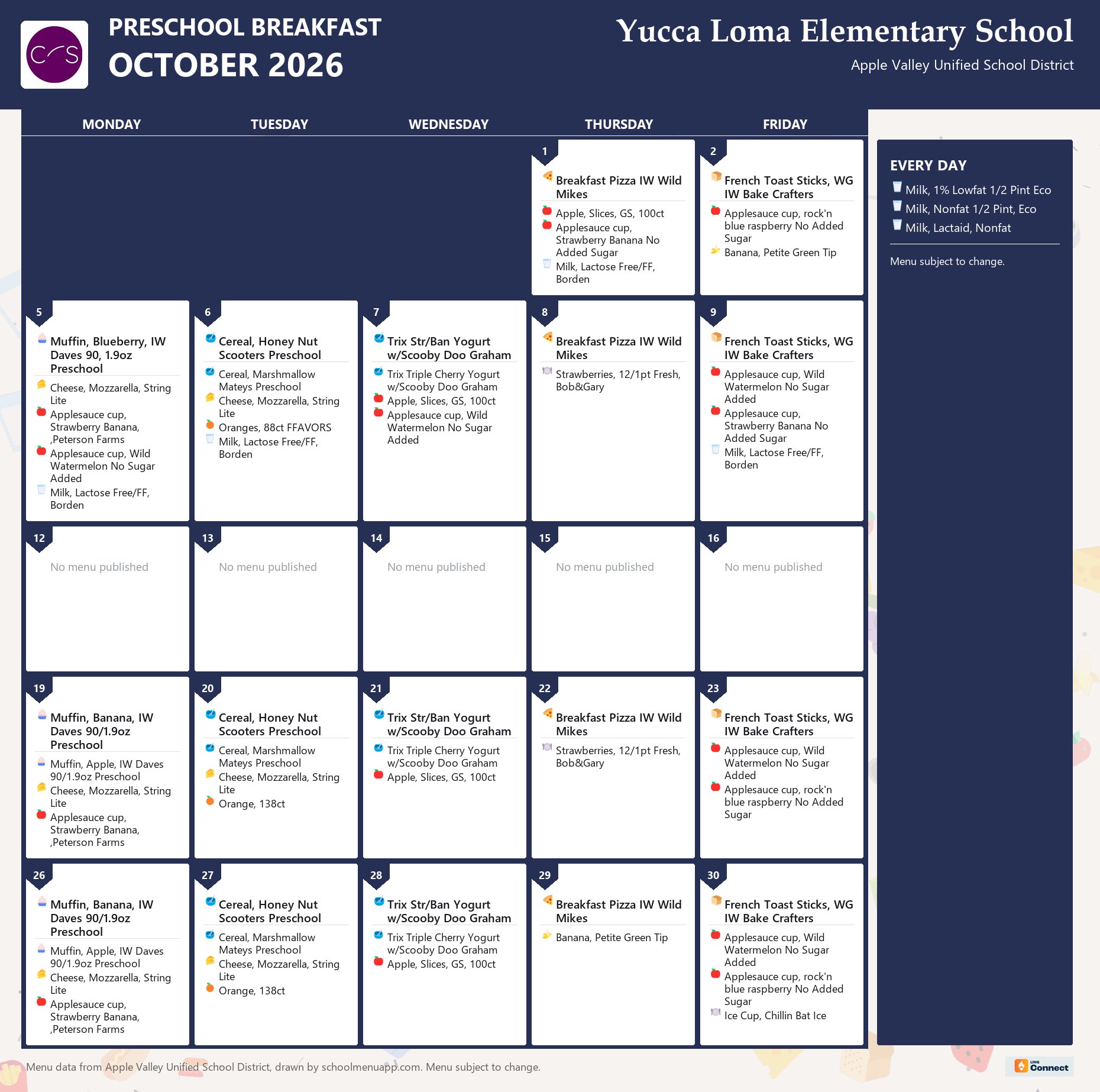 Yucca Loma Elementary School preschool breakfast menu for October 2026, Apple Valley USD