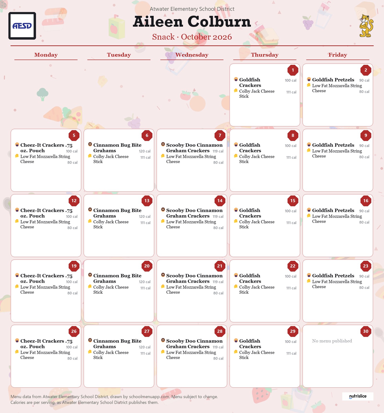 Aileen Colburn snack menu for October 2026, Atwater Elementary School District