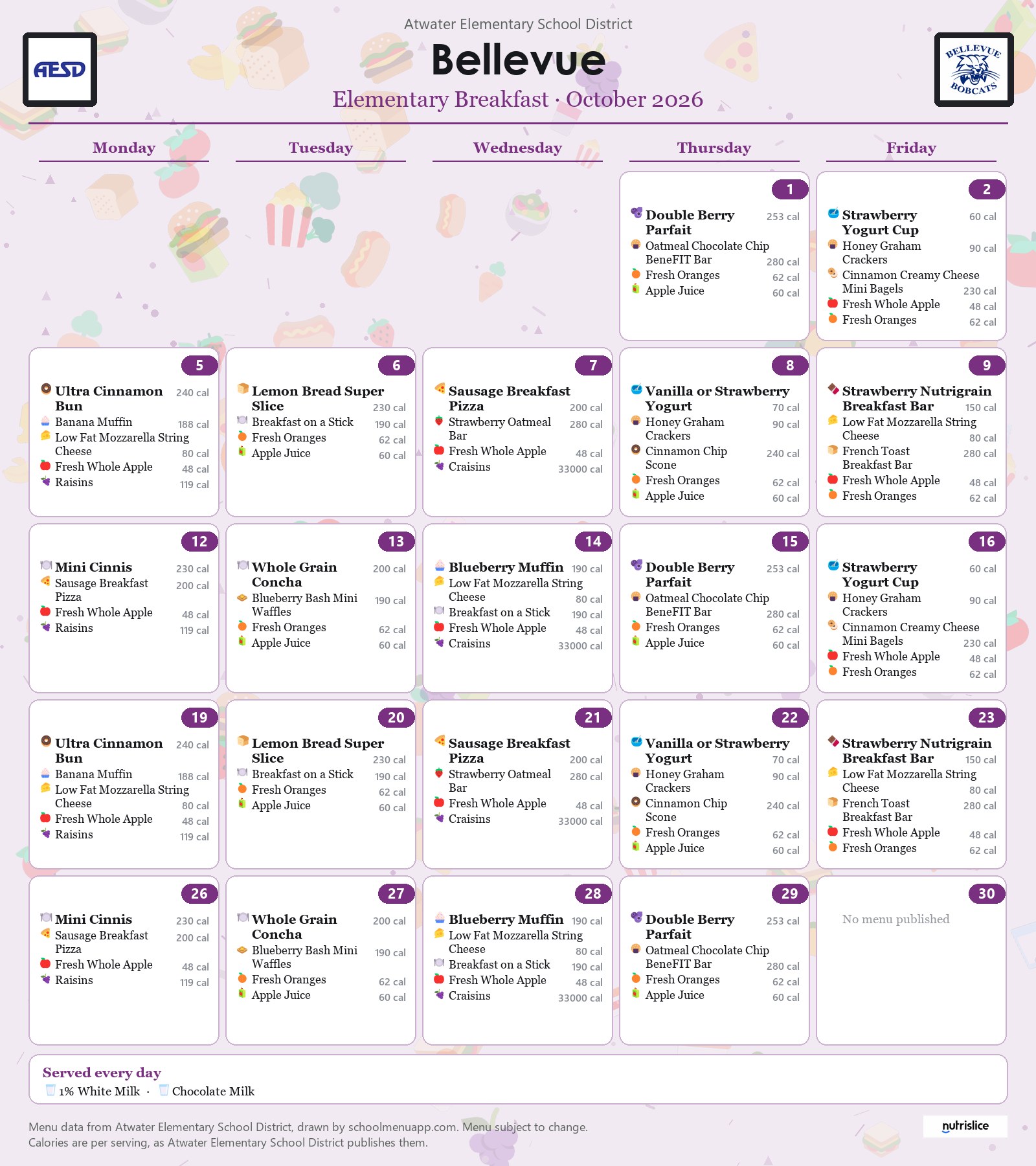Bellevue elementary breakfast menu for October 2026, Atwater Elementary School District