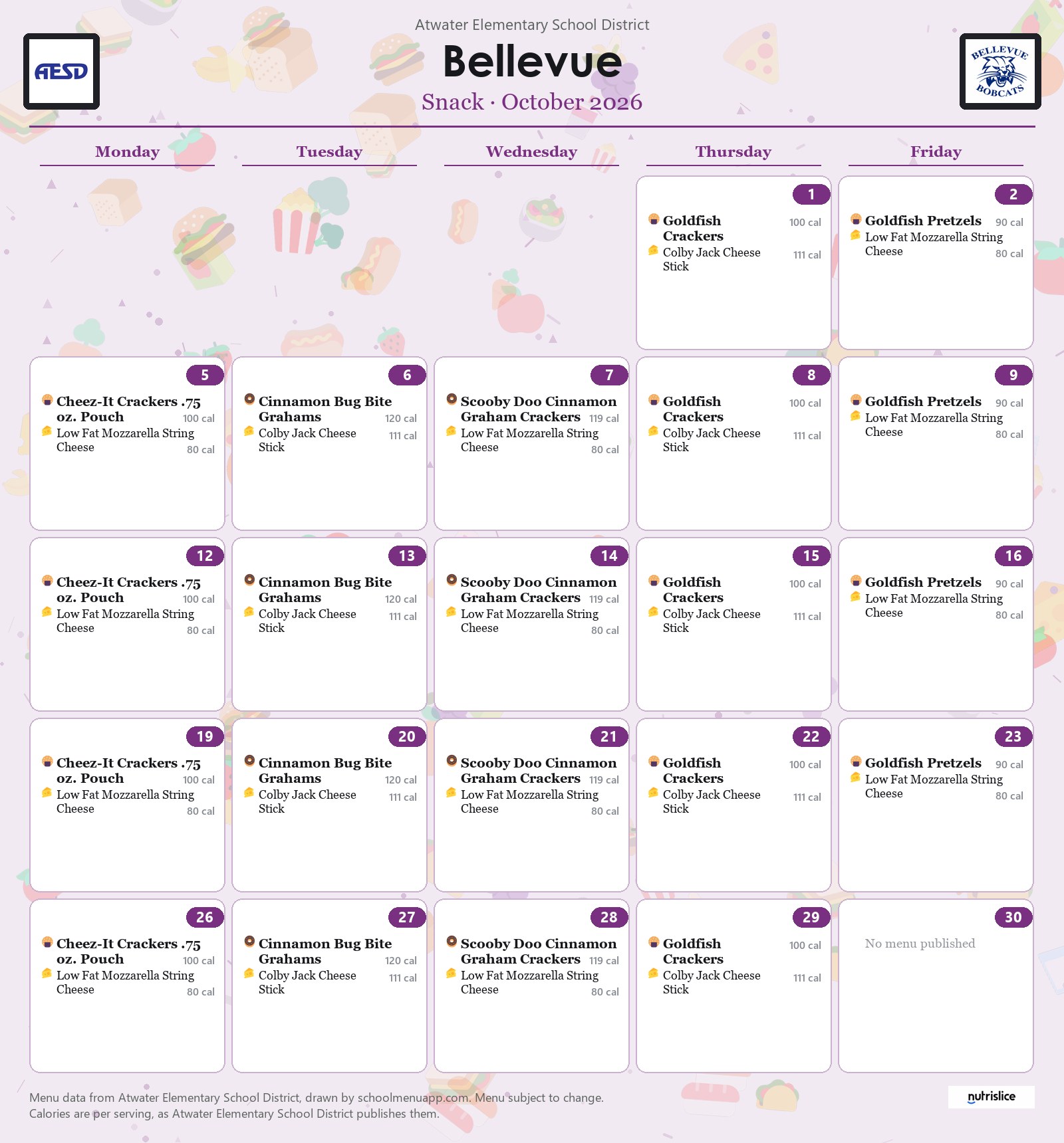 Bellevue snack menu for October 2026, Atwater Elementary School District