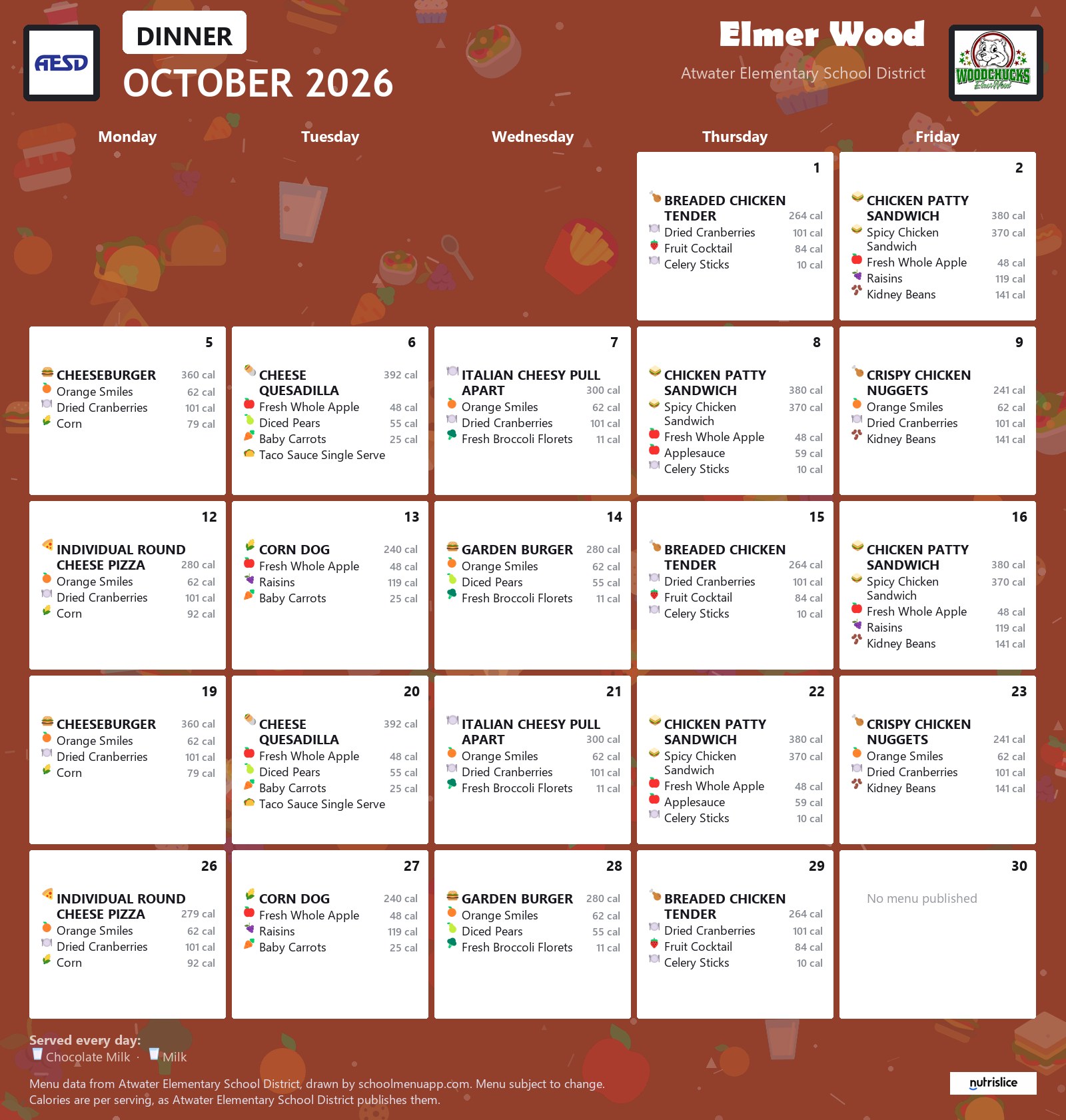 Elmer Wood dinner menu for October 2026, Atwater Elementary School District