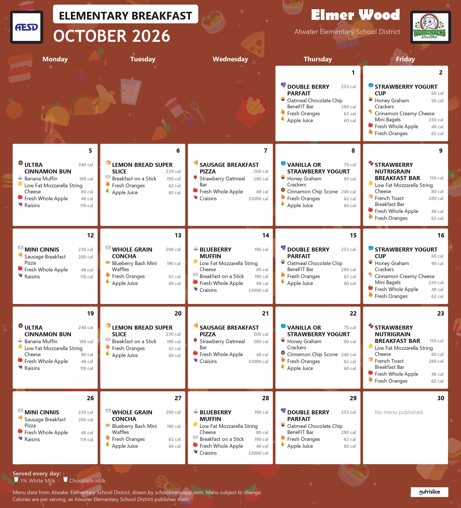 Elmer Wood elementary breakfast menu for October 2026, Atwater Elementary School District
