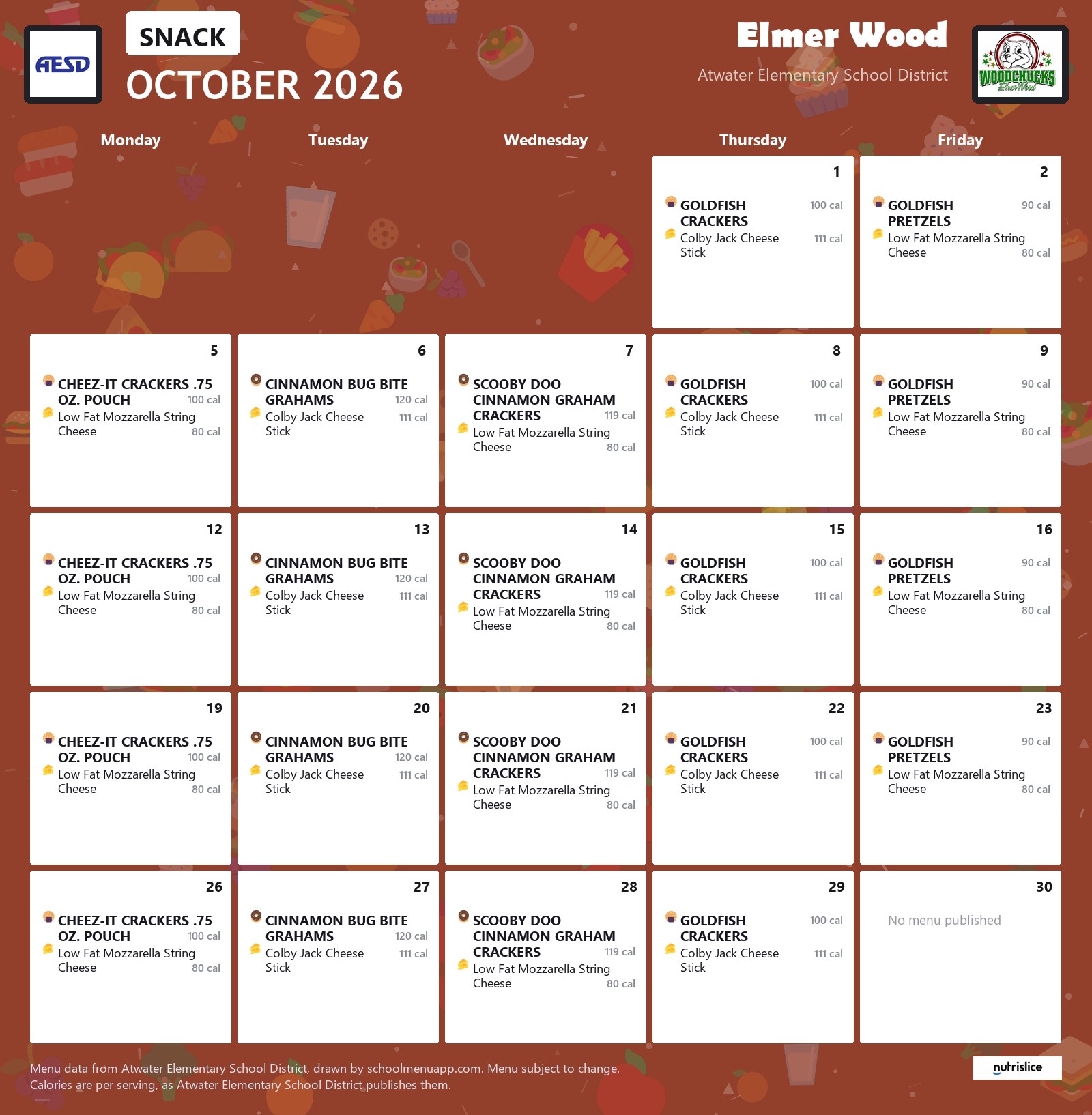 Elmer Wood snack menu for October 2026, Atwater Elementary School District