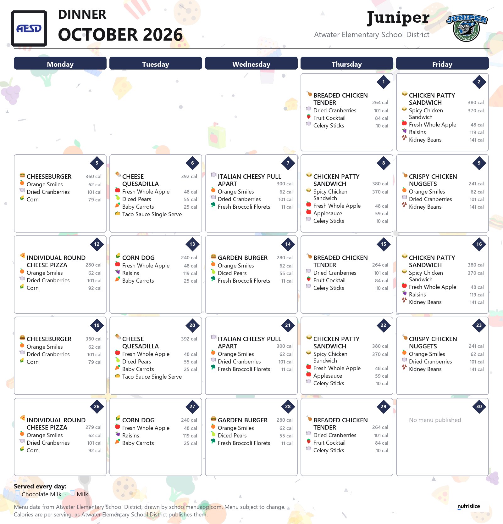 Juniper dinner menu for October 2026, Atwater Elementary School District