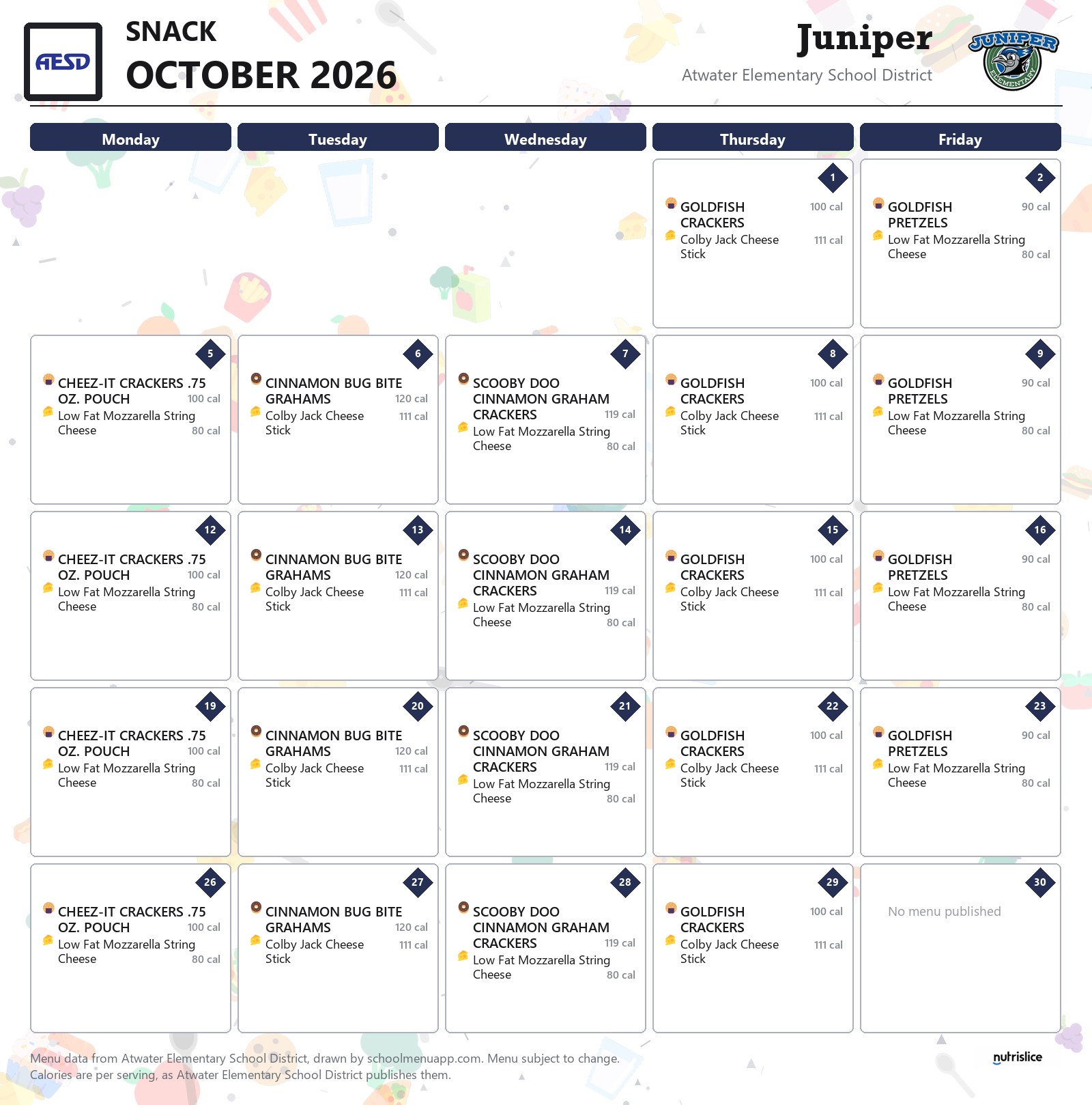 Juniper snack menu for October 2026, Atwater Elementary School District
