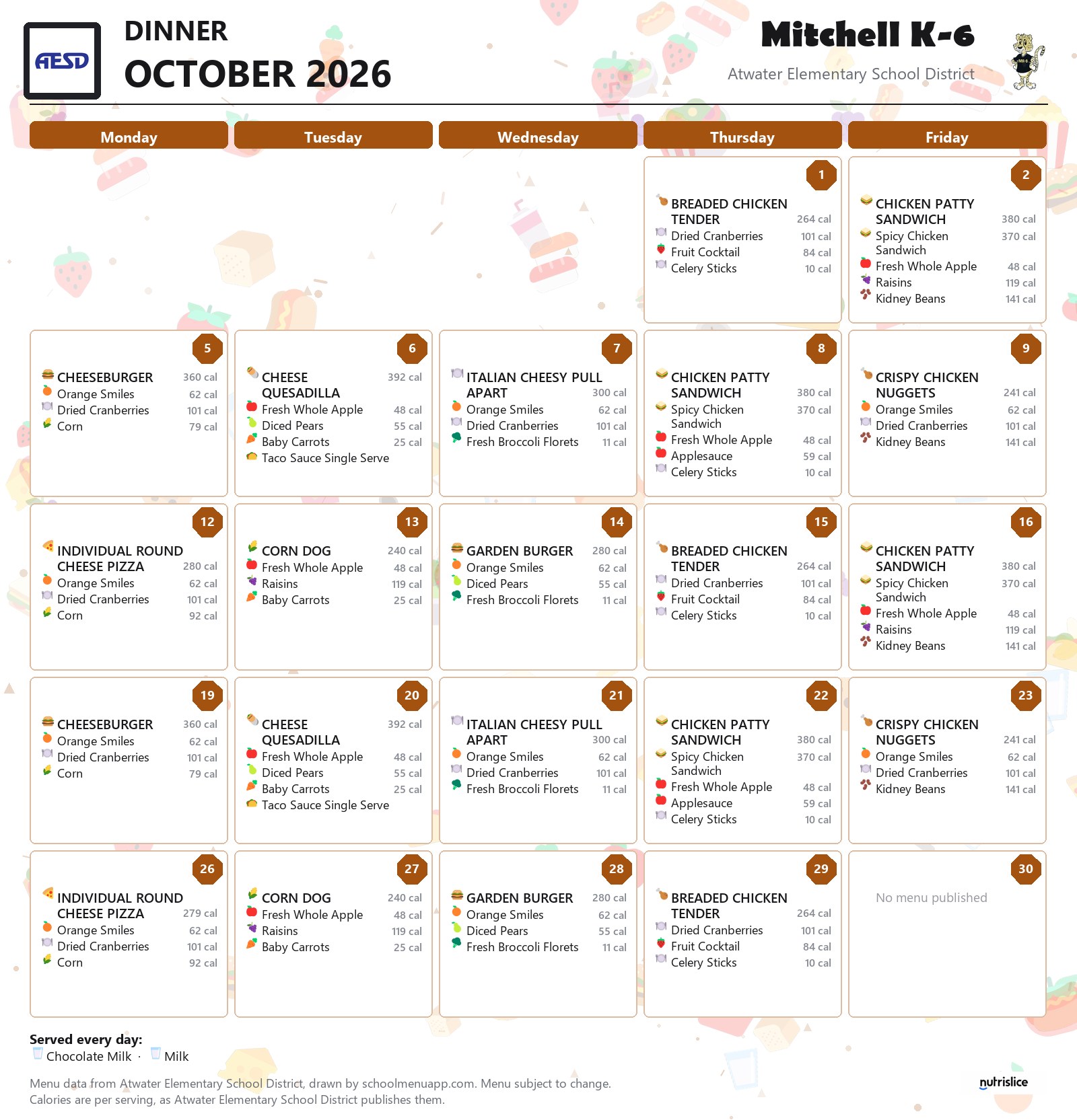 Mitchell K-6 dinner menu for October 2026, Atwater Elementary School District
